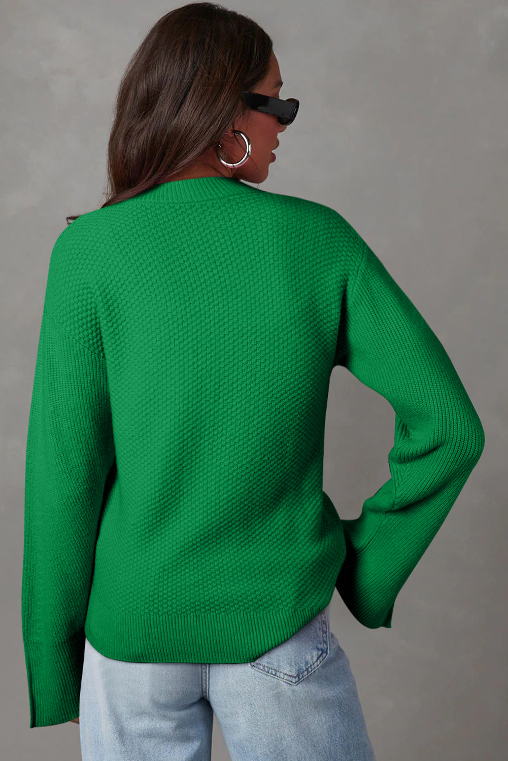 Dark Green Textured Knit Split Cuff Drop Shoulder Loose Sweater - MAD RUFFI