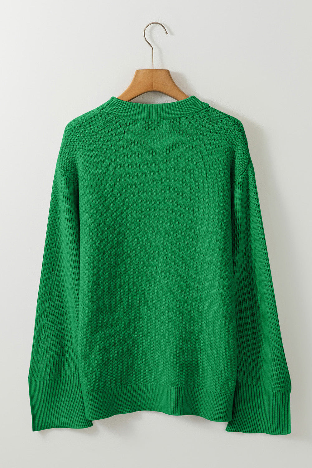 Dark Green Textured Knit Split Cuff Drop Shoulder Loose Sweater - MAD RUFFI