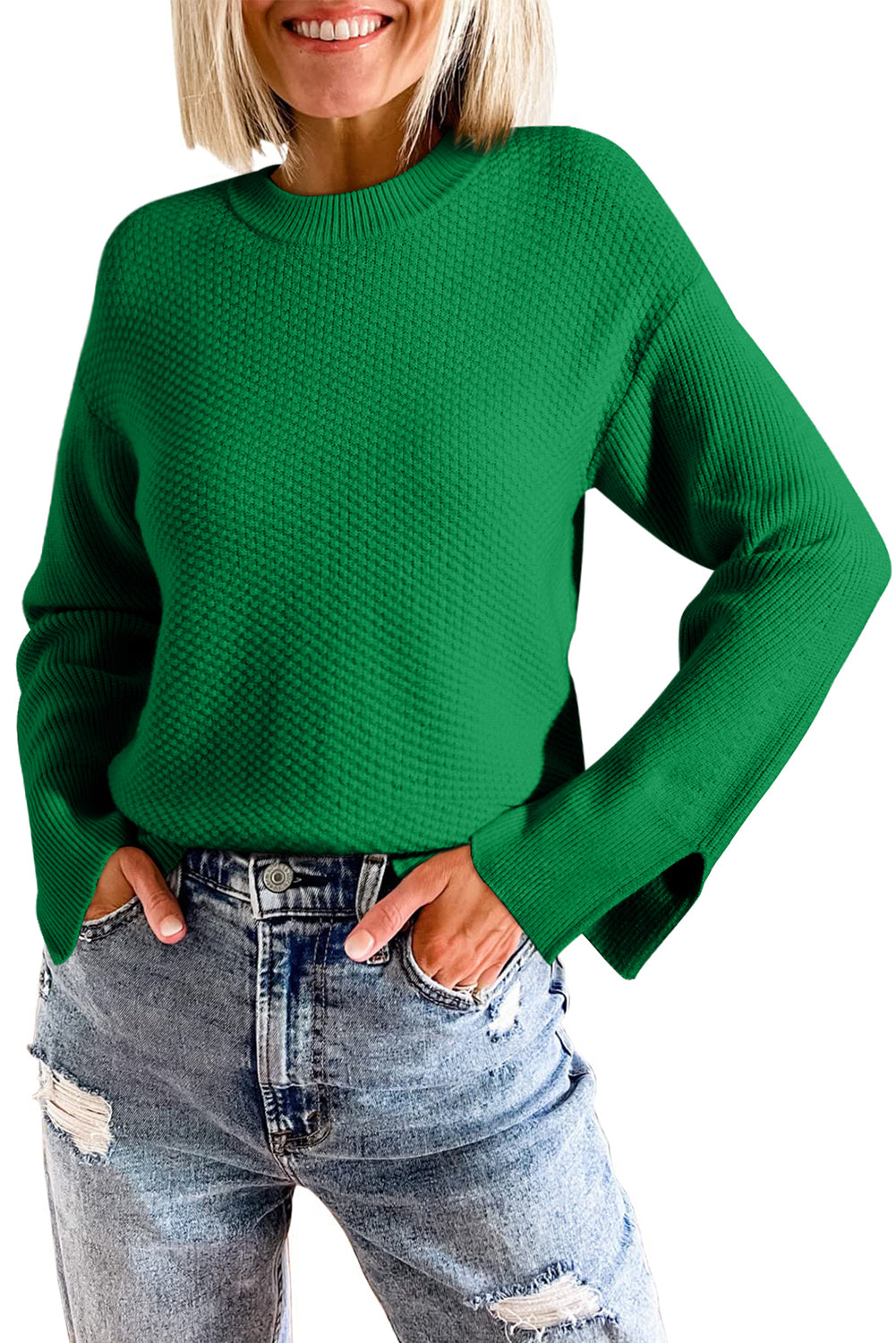 Dark Green Textured Knit Split Cuff Drop Shoulder Loose Sweater - MAD RUFFI