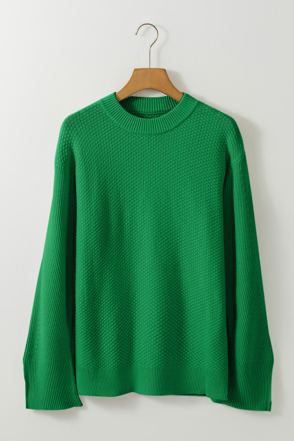 Dark Green Textured Knit Split Cuff Drop Shoulder Loose Sweater - MAD RUFFI