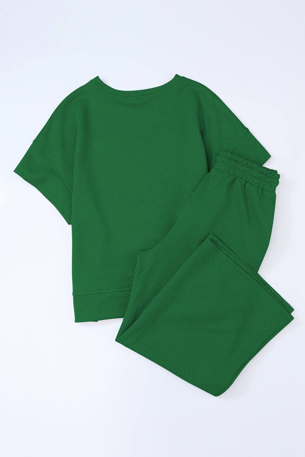 Dark Green Textured Loose Fit T Shirt and Drawstring Pants Set - MAD RUFFI