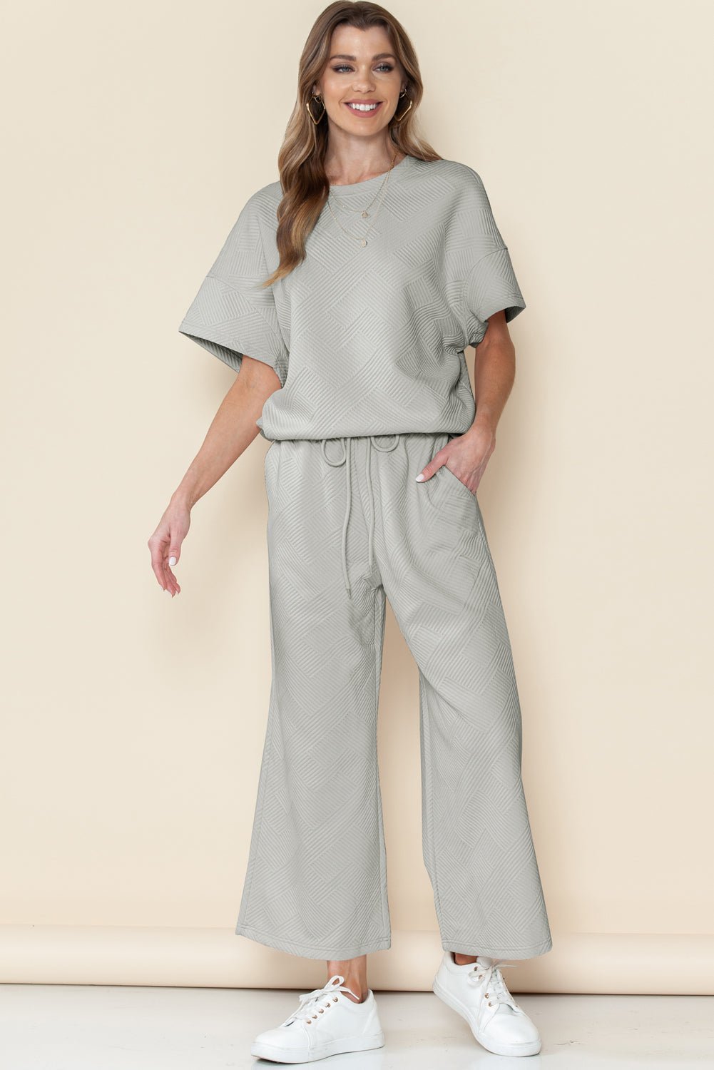 Dark Green Textured Loose Fit T Shirt and Drawstring Pants Set - MAD RUFFI