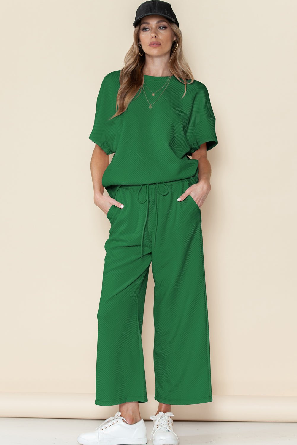 Dark Green Textured Loose Fit T Shirt and Drawstring Pants Set - MAD RUFFI