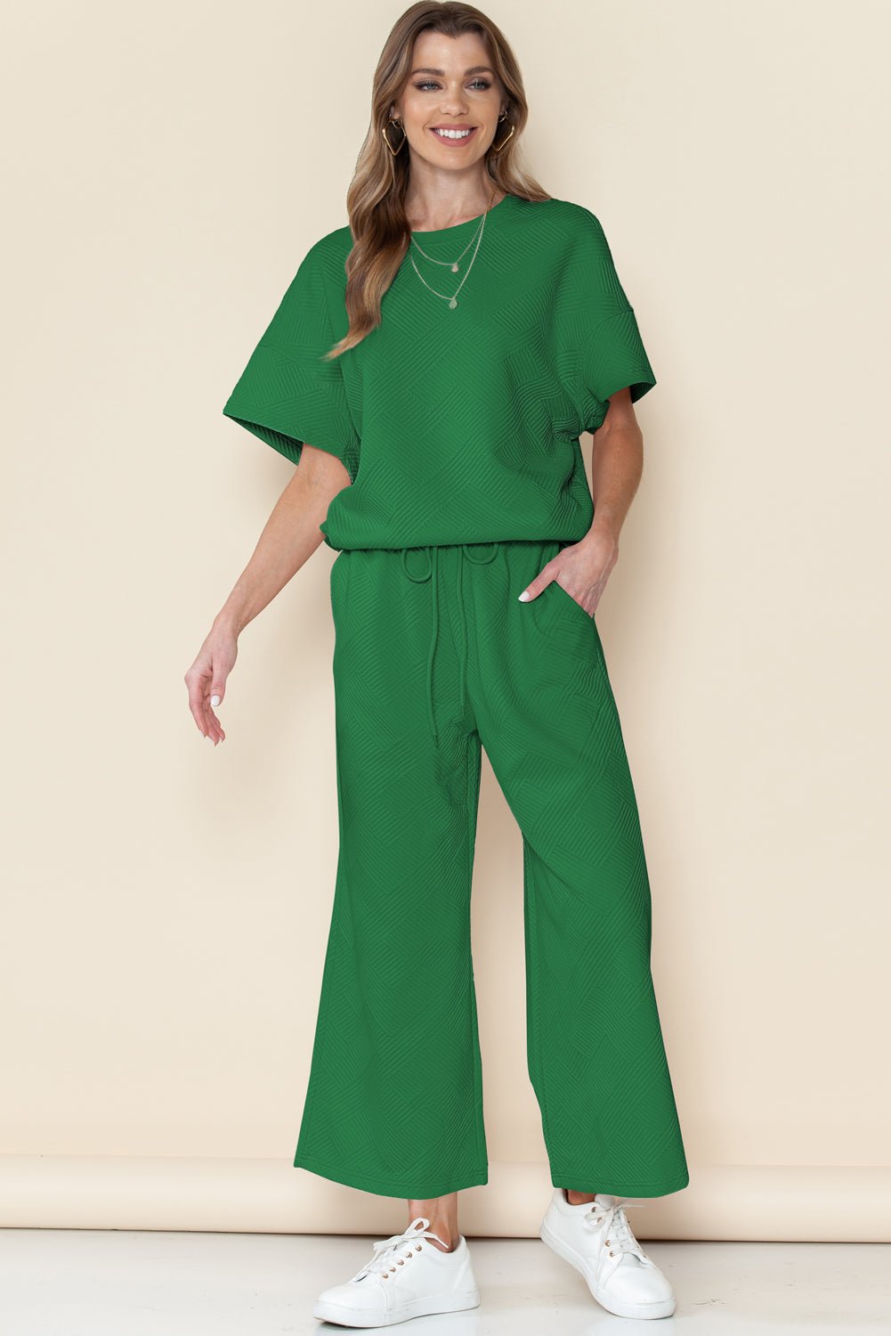 Dark Green Textured Loose Fit T Shirt and Drawstring Pants Set - MAD RUFFI