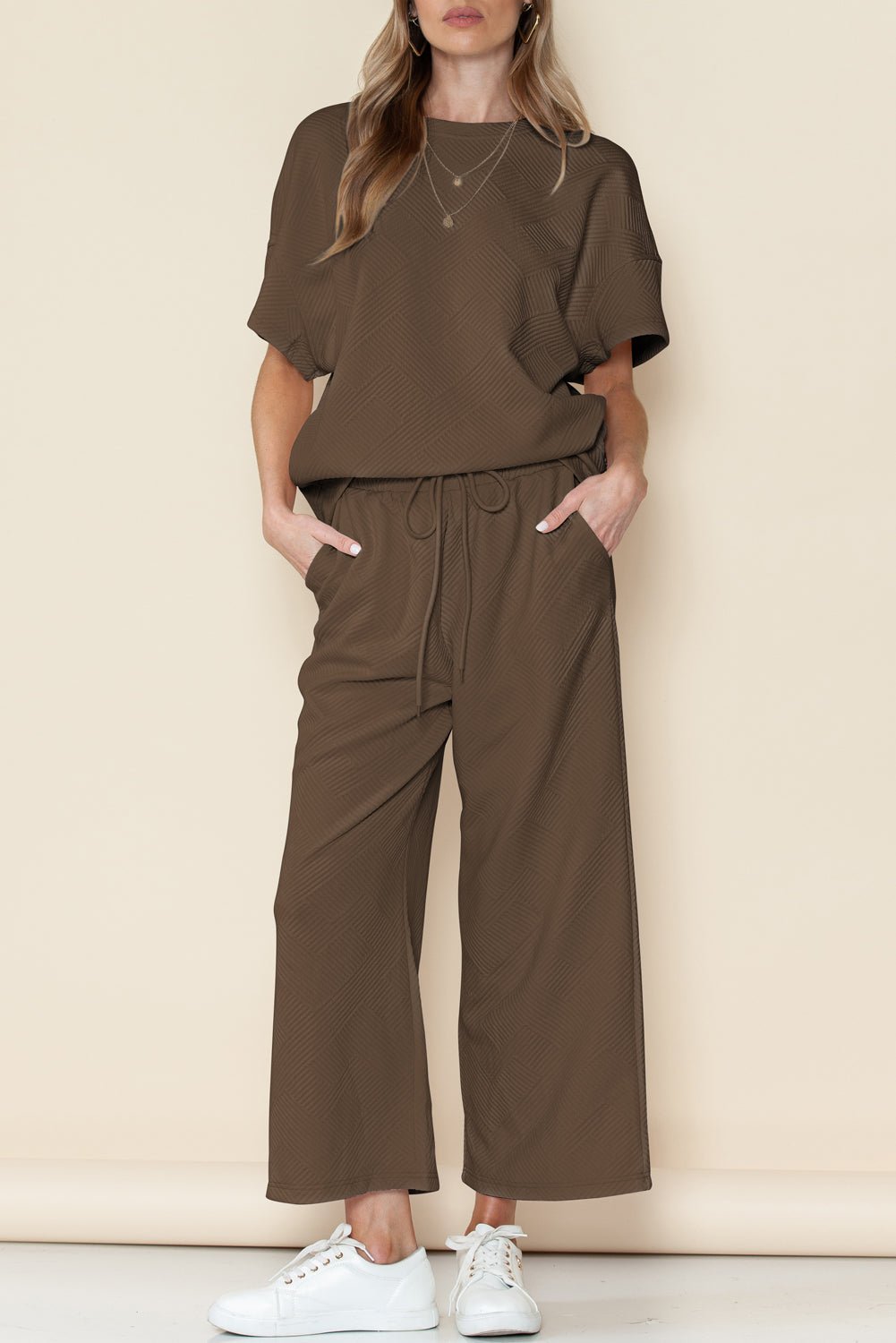 Dark Green Textured Loose Fit T Shirt and Drawstring Pants Set - MAD RUFFI