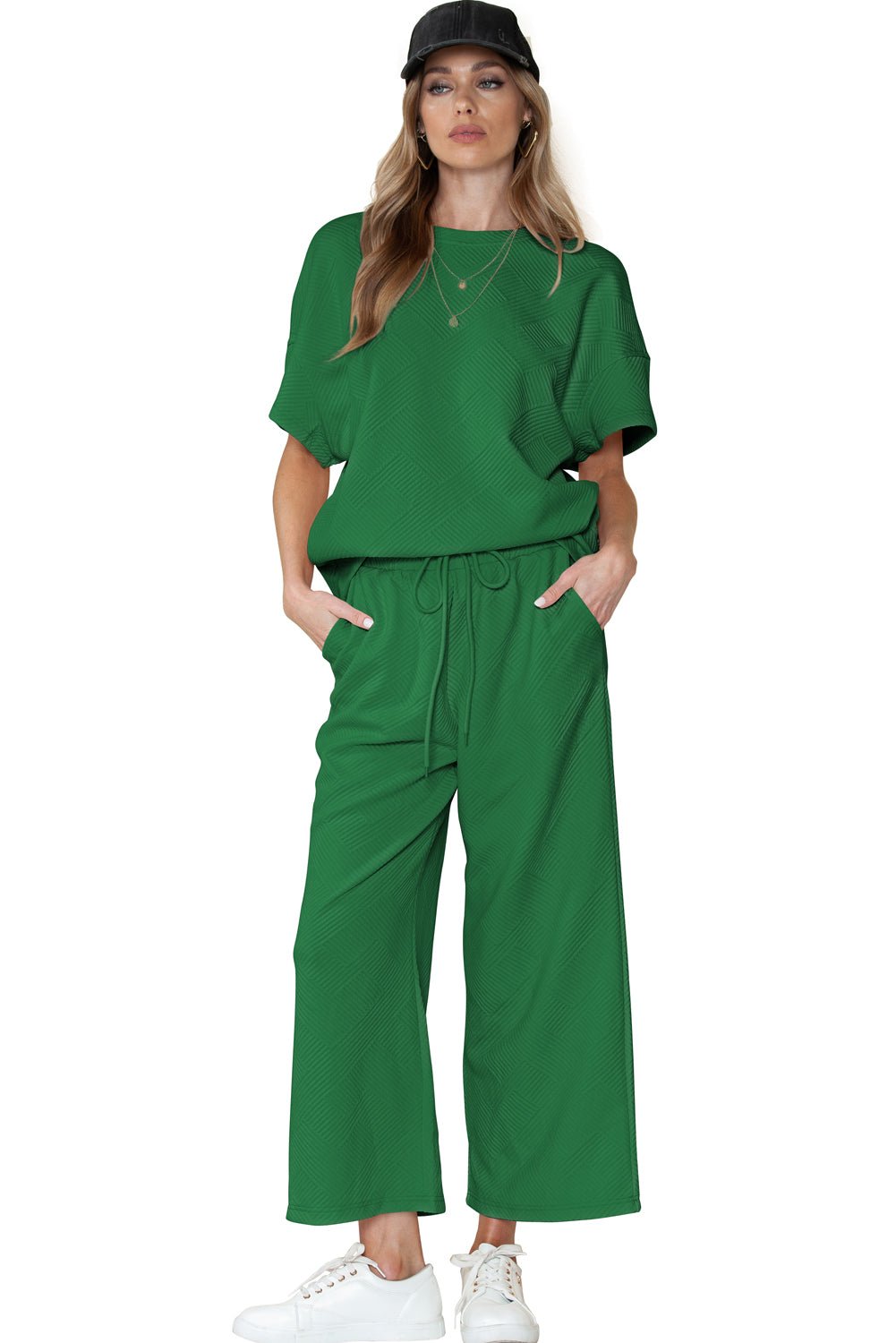 Dark Green Textured Loose Fit T Shirt and Drawstring Pants Set - MAD RUFFI