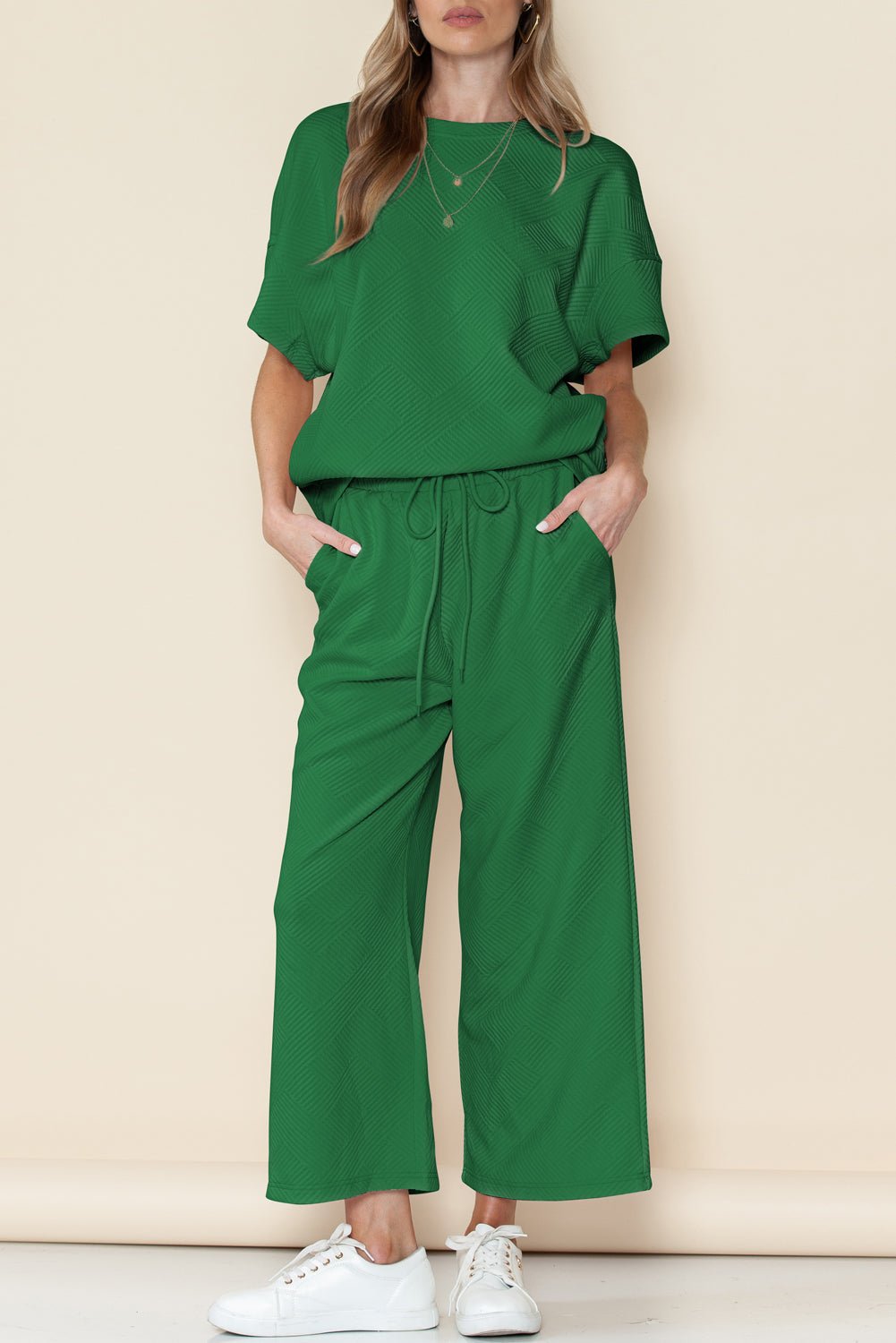 Dark Green Textured Loose Fit T Shirt and Drawstring Pants Set - MAD RUFFI