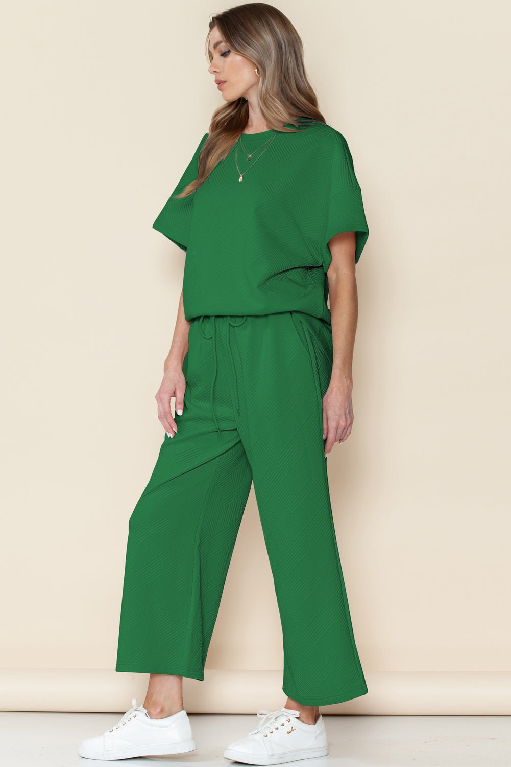Dark Green Textured Loose Fit T Shirt and Drawstring Pants Set - MAD RUFFI