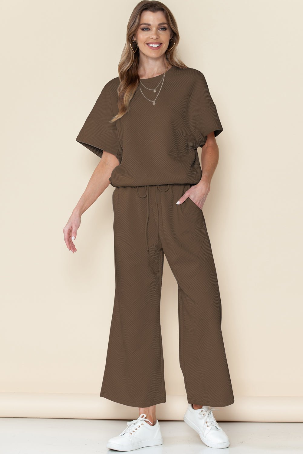 Dark Green Textured Loose Fit T Shirt and Drawstring Pants Set - MAD RUFFI