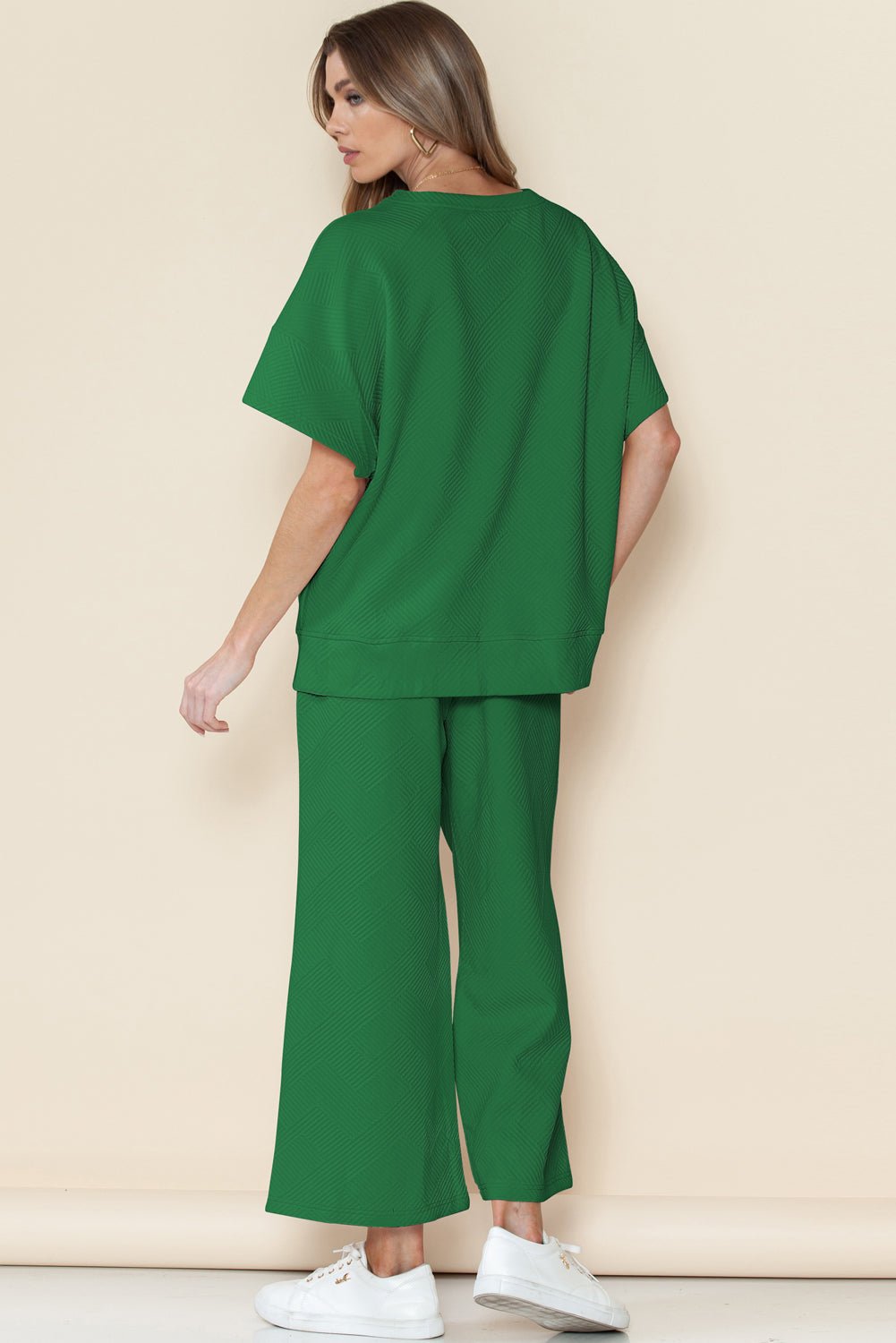 Dark Green Textured Loose Fit T Shirt and Drawstring Pants Set - MAD RUFFI