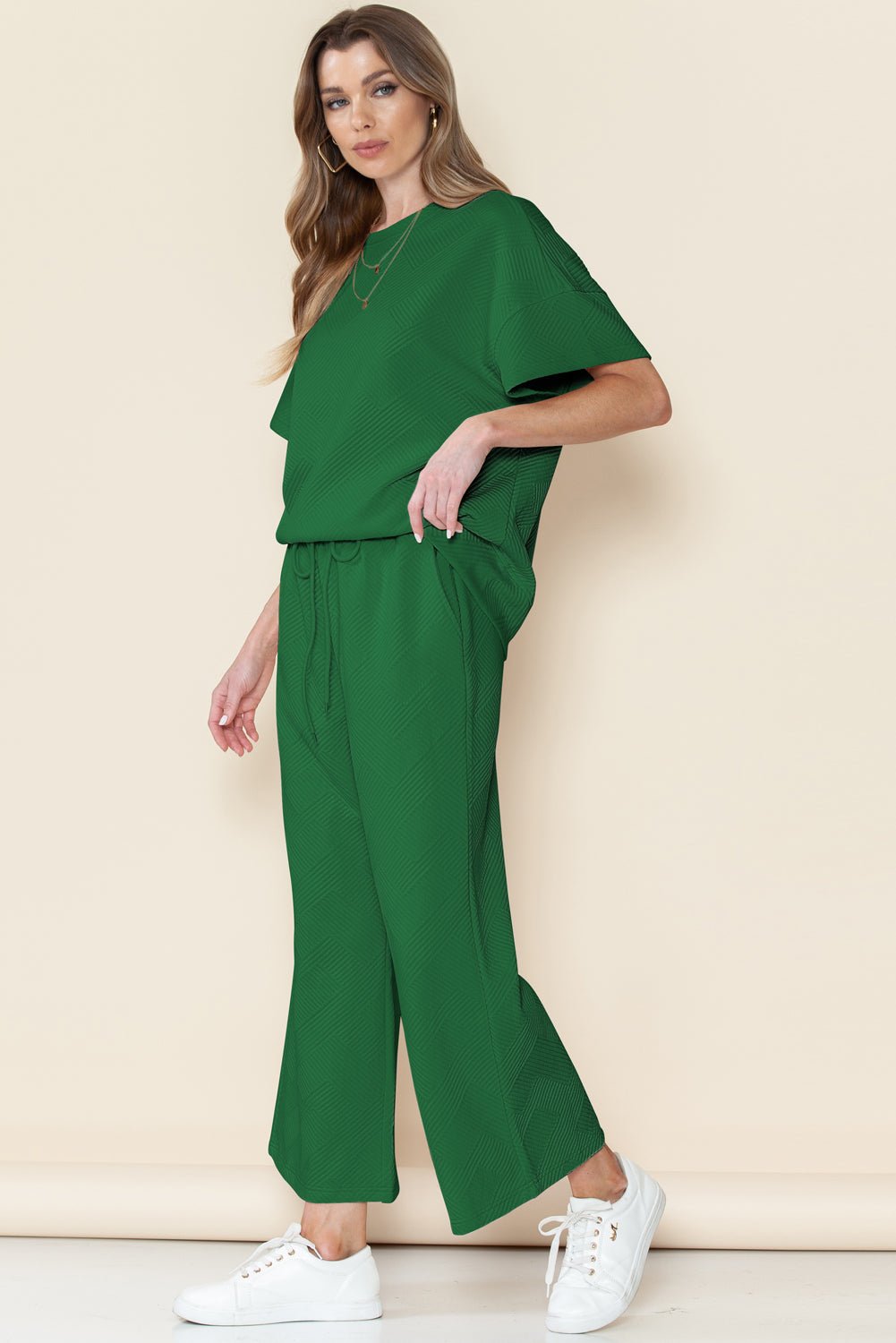Dark Green Textured Loose Fit T Shirt and Drawstring Pants Set - MAD RUFFI