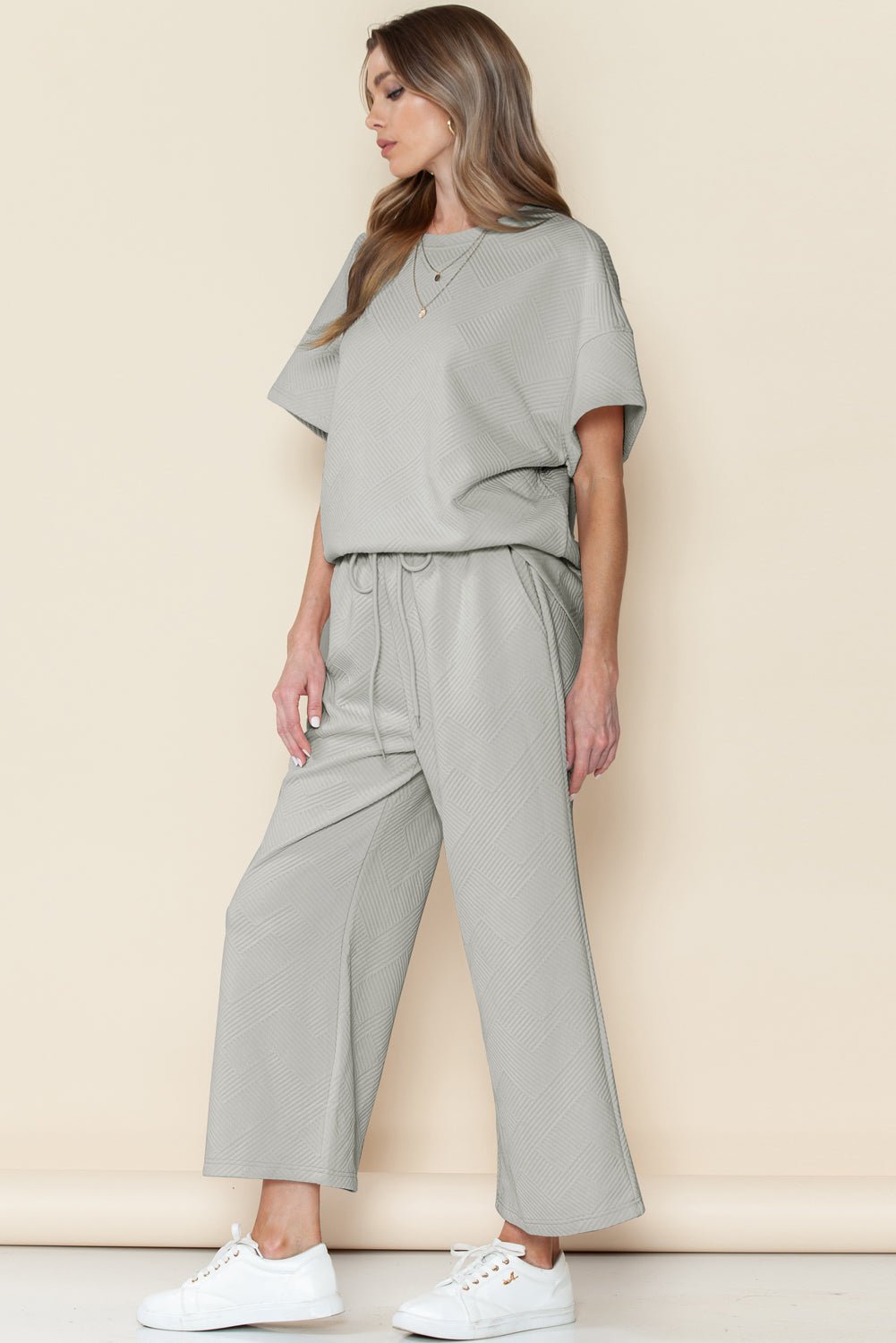 Dark Green Textured Loose Fit T Shirt and Drawstring Pants Set - MAD RUFFI
