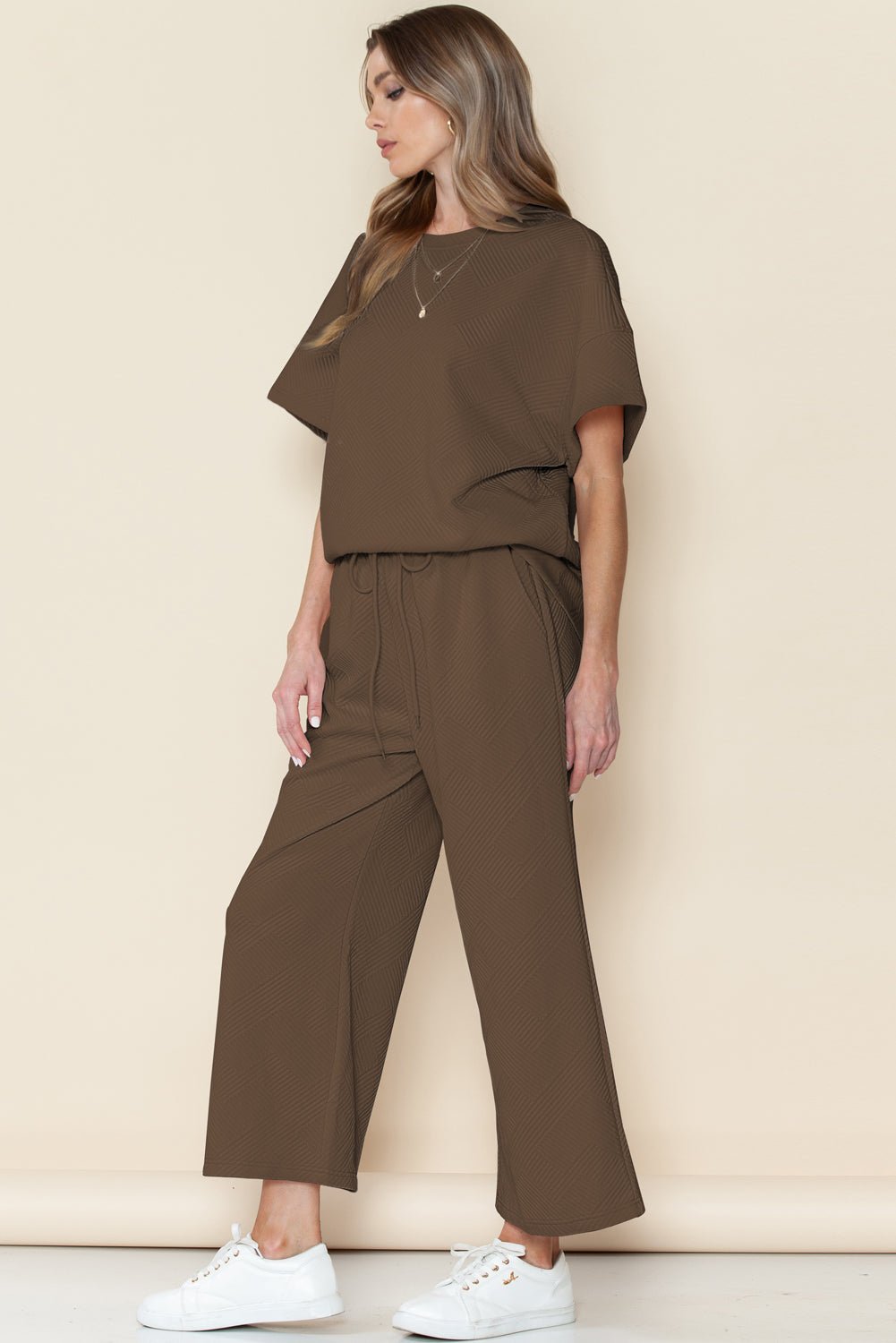 Dark Green Textured Loose Fit T Shirt and Drawstring Pants Set - MAD RUFFI