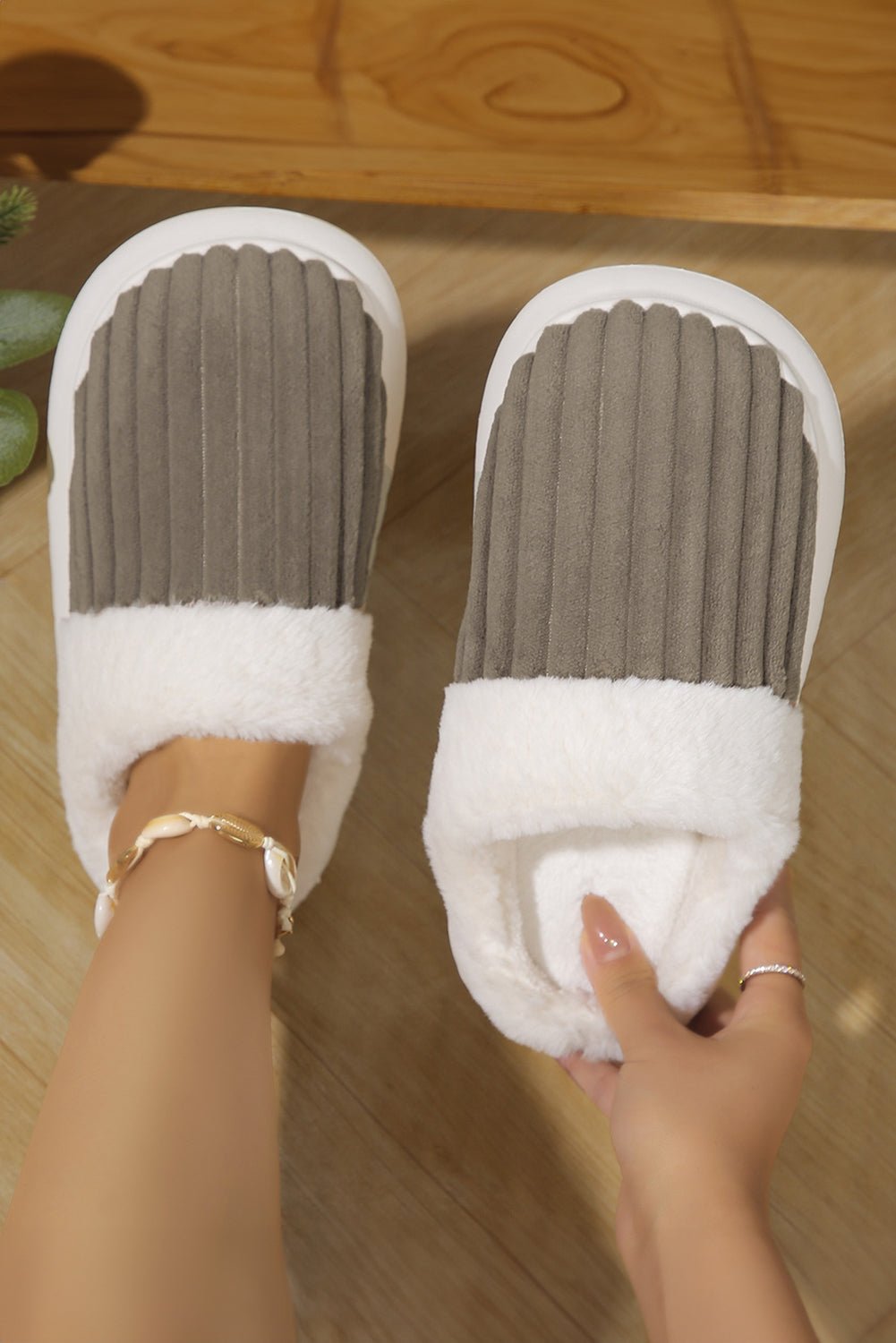 Dark Grey Colorblock Plush House Slippers - MAD RUFFI