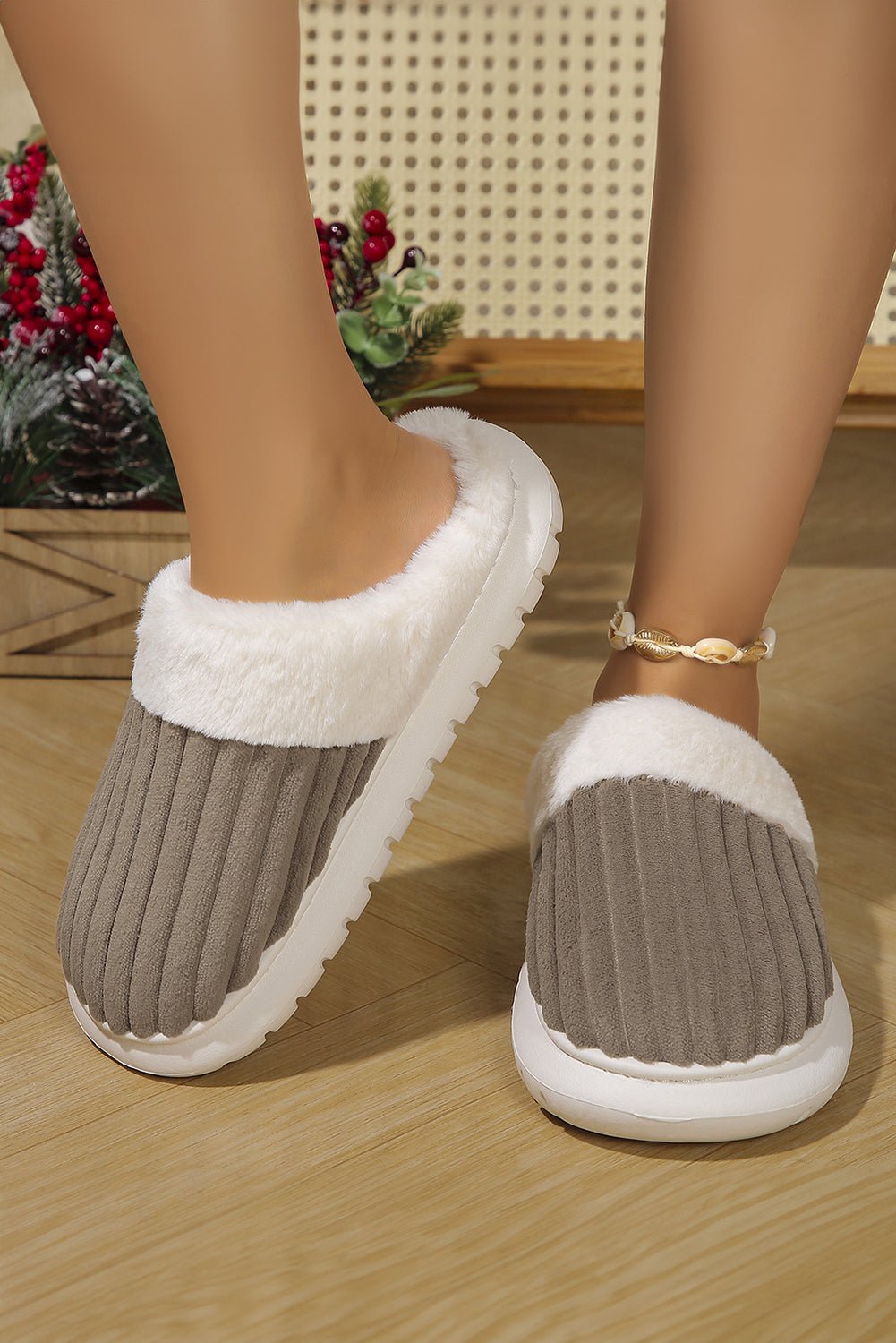 Dark Grey Colorblock Plush House Slippers - MAD RUFFI