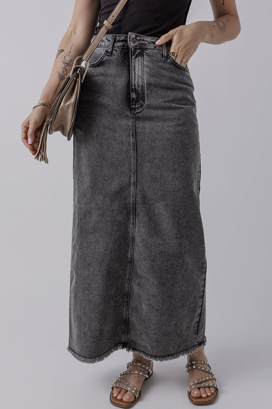 Dark Grey Denim Raw Hem Back Split High Waist Long Skirt - MAD RUFFI