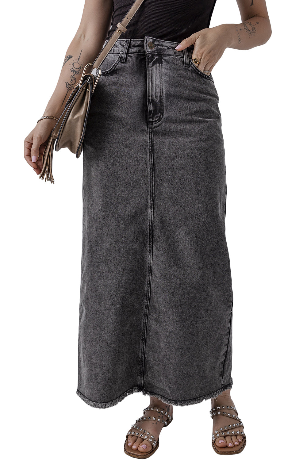 Dark Grey Denim Raw Hem Back Split High Waist Long Skirt - MAD RUFFI