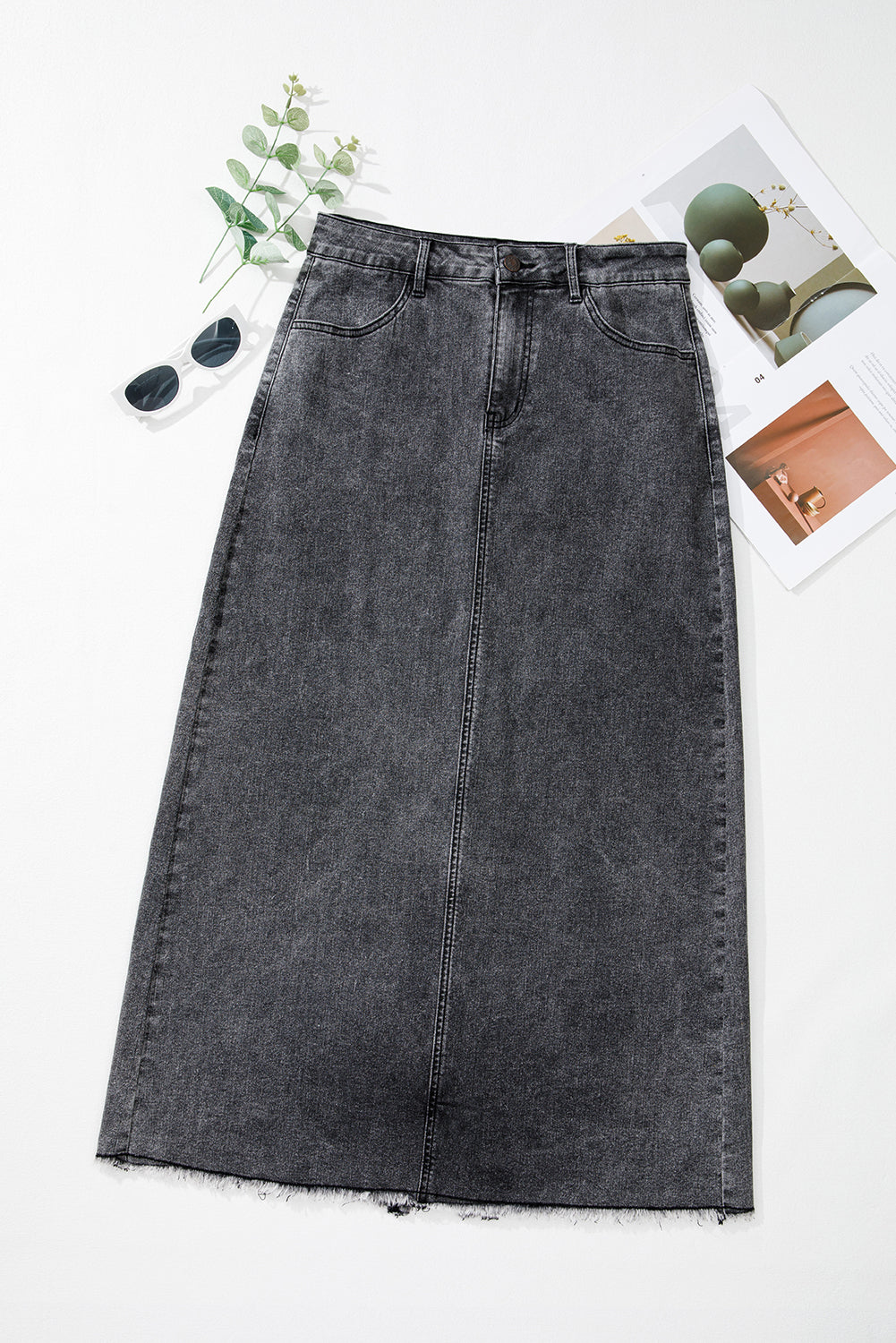 Dark Grey Denim Raw Hem Back Split High Waist Long Skirt - MAD RUFFI