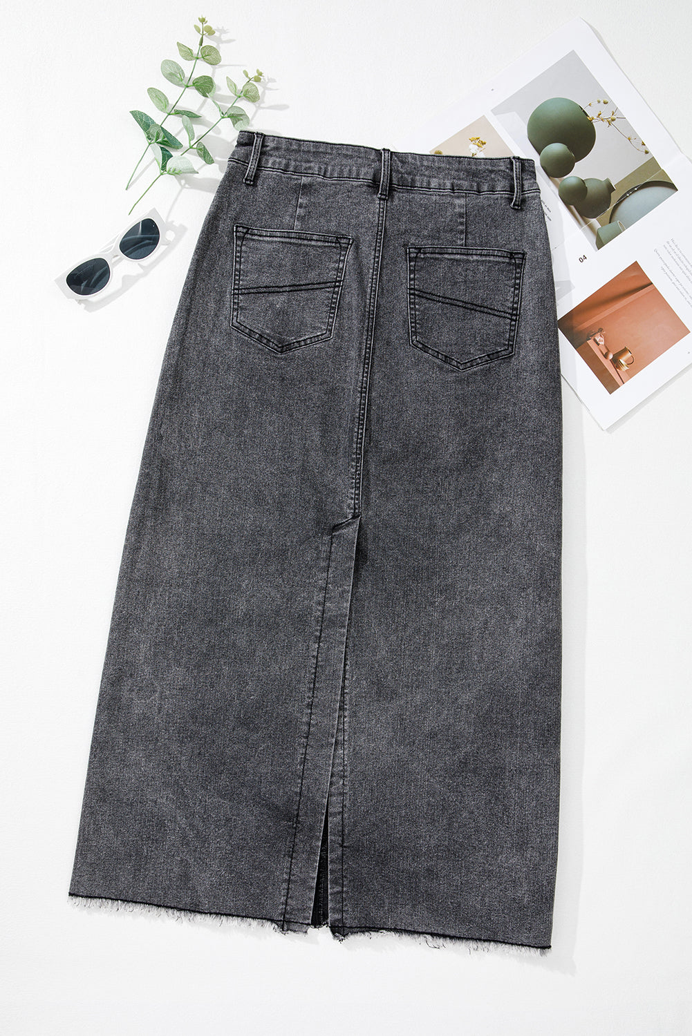 Dark Grey Denim Raw Hem Back Split High Waist Long Skirt - MAD RUFFI