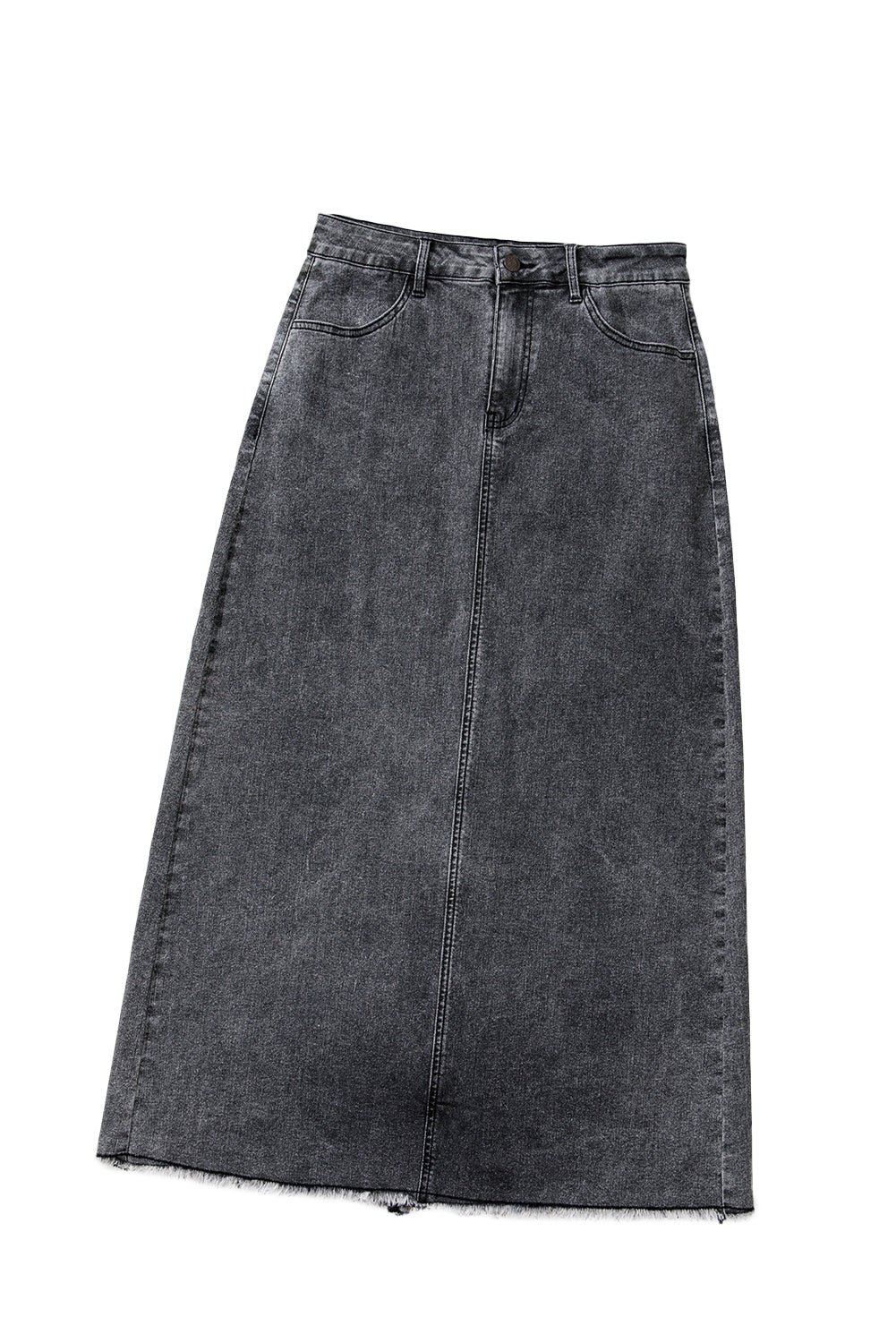 Dark Grey Denim Raw Hem Back Split High Waist Long Skirt - MAD RUFFI