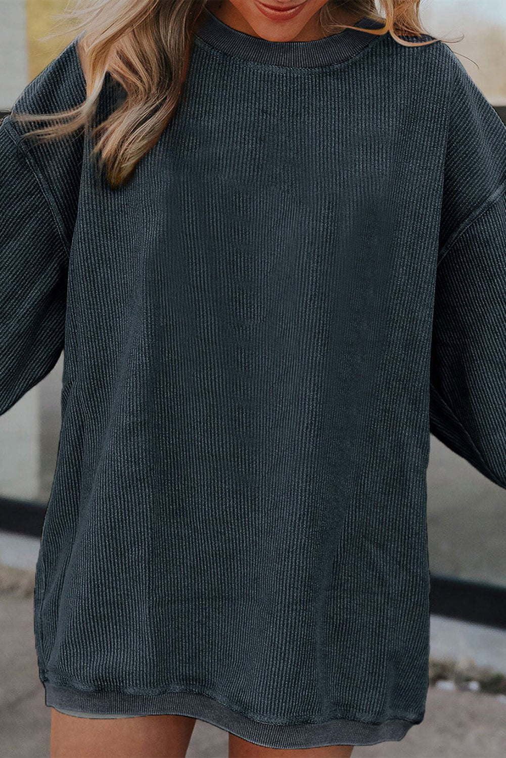 Dark Grey Drop Sleeve Rib Knit Oversized Sweatshirt - MAD RUFFI