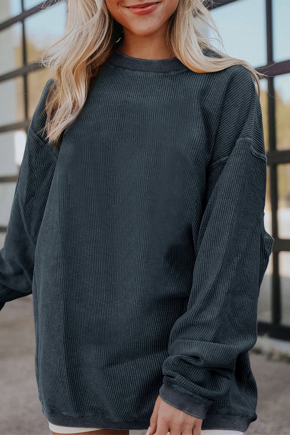 Dark Grey Drop Sleeve Rib Knit Oversized Sweatshirt - MAD RUFFI