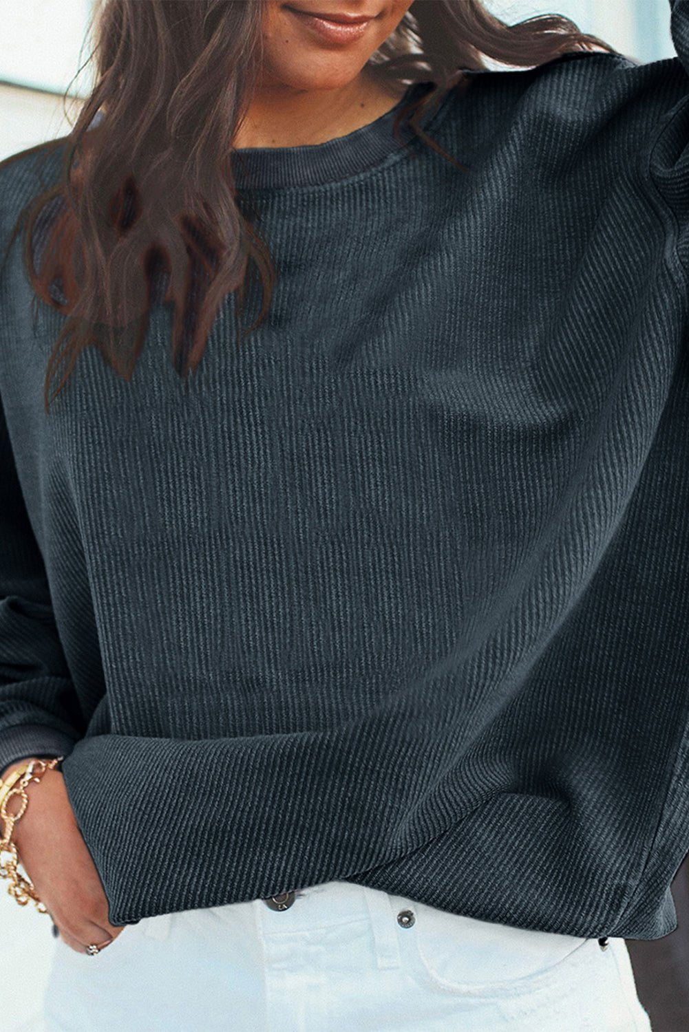 Dark Grey Drop Sleeve Rib Knit Oversized Sweatshirt - MAD RUFFI