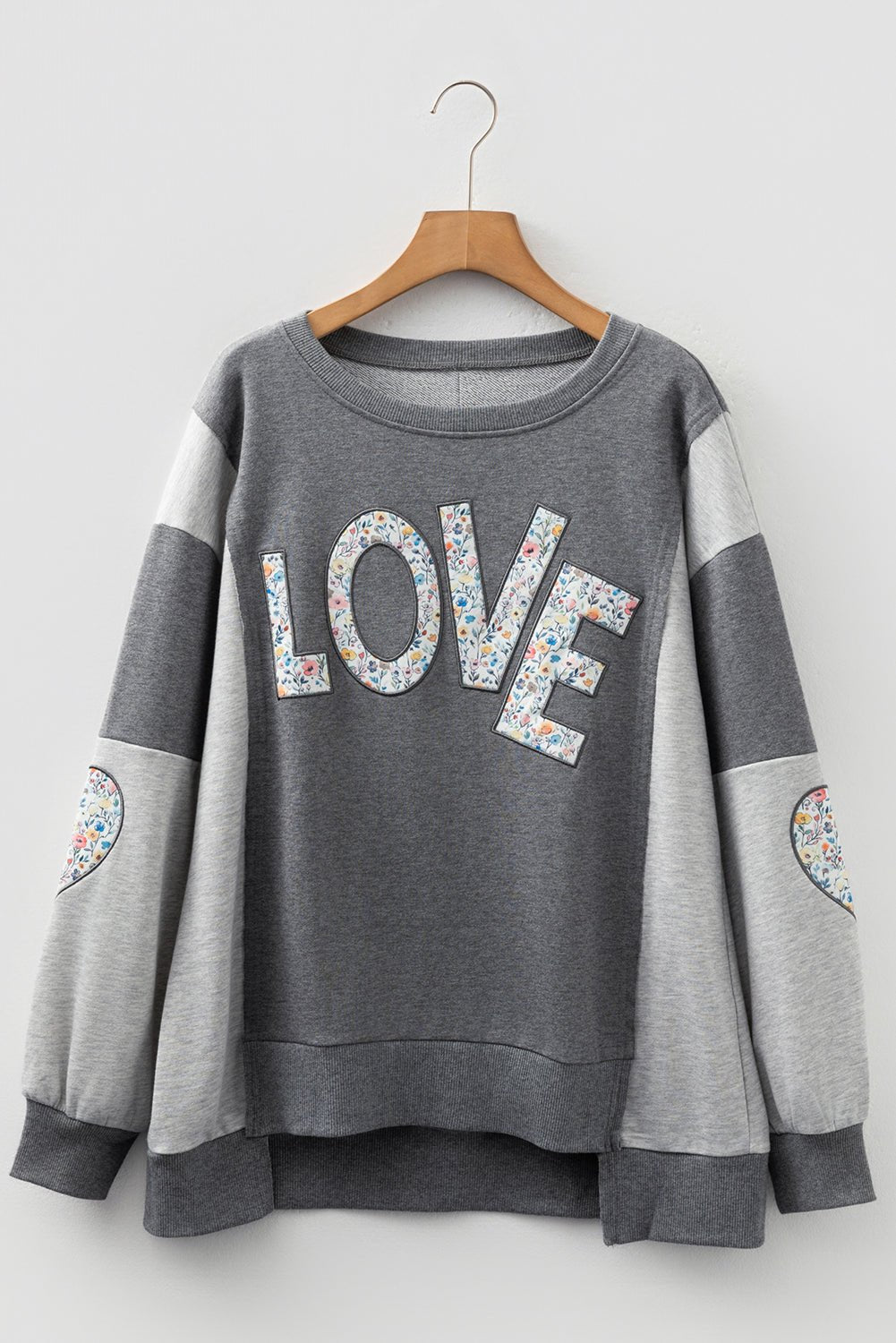 Dark Grey Floral LOVE Graphic Patchwork Uneven Hem Sweatshirt - MAD RUFFI