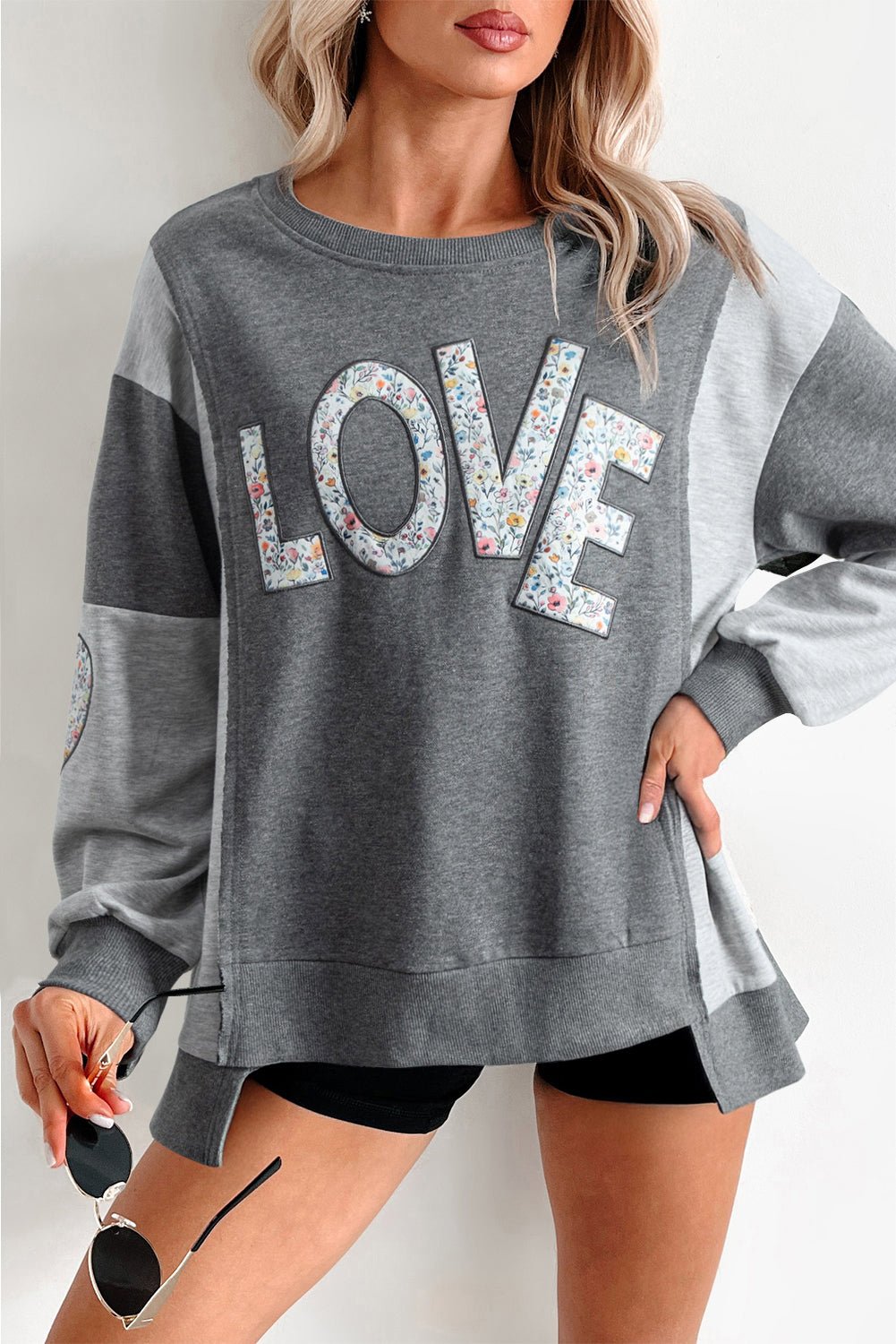 Dark Grey Floral LOVE Graphic Patchwork Uneven Hem Sweatshirt - MAD RUFFI