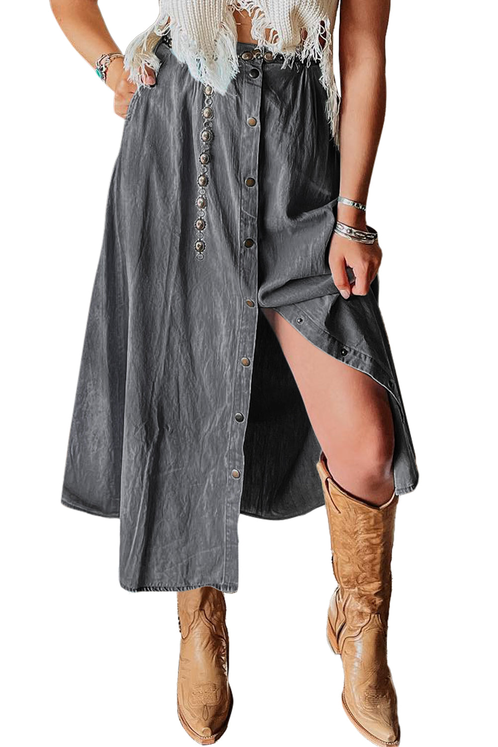 Dark Grey Fully Buttoned Long Denim Skirt - MAD RUFFI