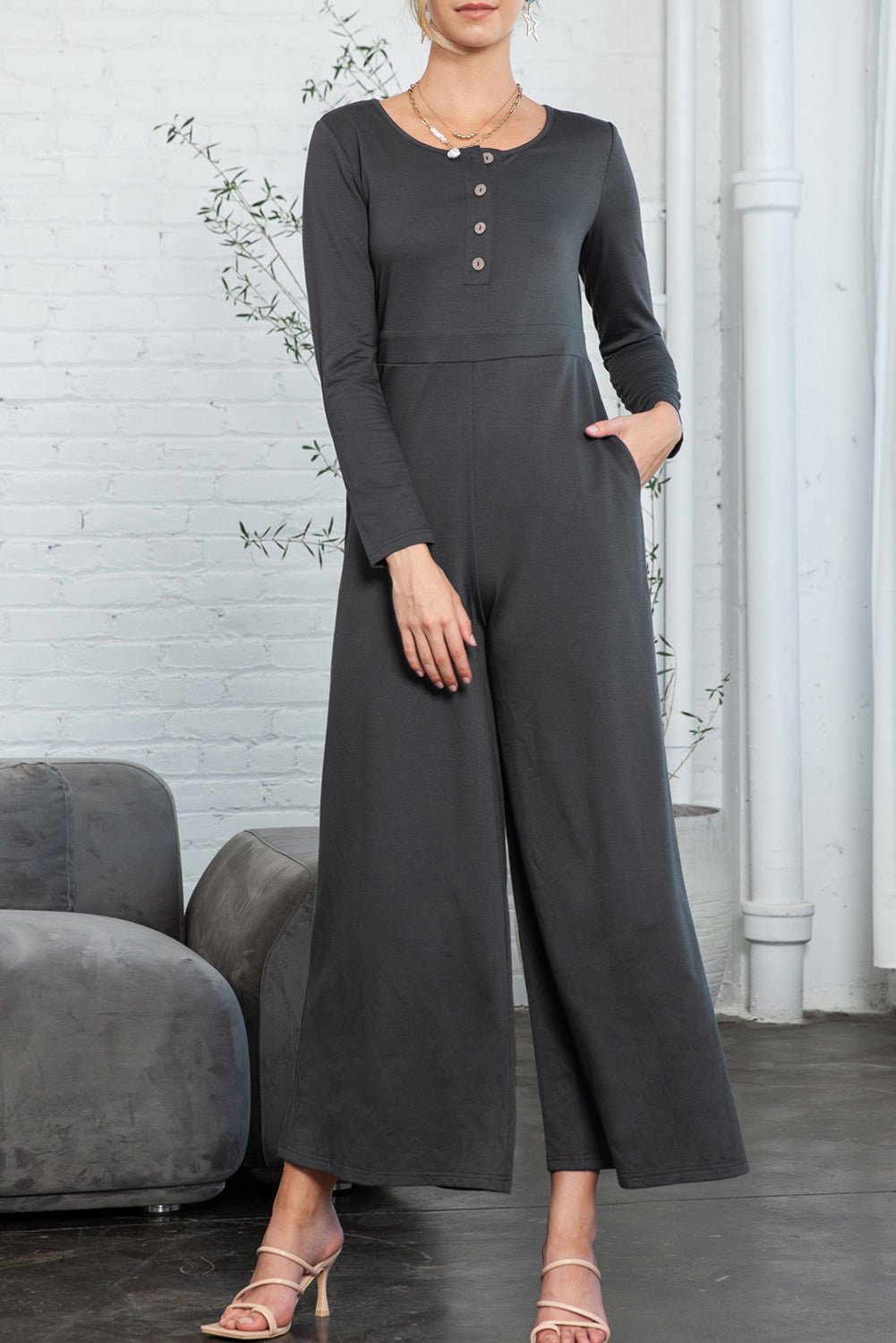 Dark Grey Henley Long Sleeve Wide Leg Jumpsuit with Pockets - MAD RUFFI