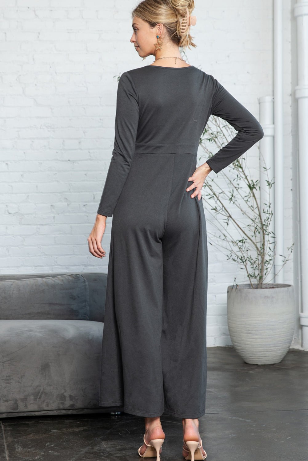 Dark Grey Henley Long Sleeve Wide Leg Jumpsuit with Pockets - MAD RUFFI