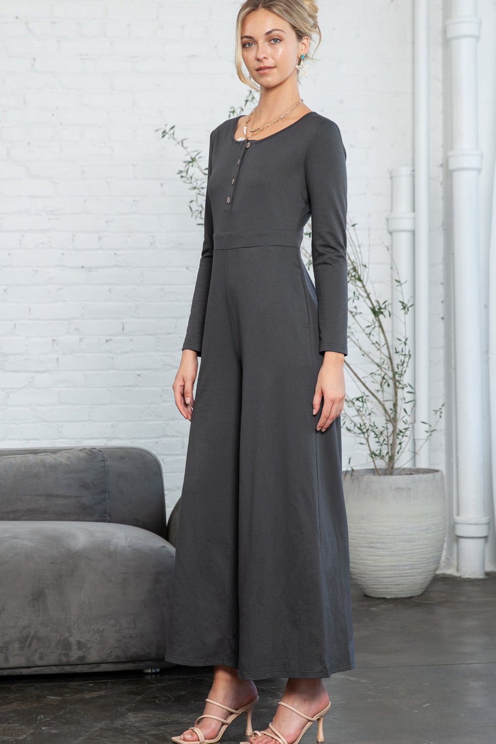Dark Grey Henley Long Sleeve Wide Leg Jumpsuit with Pockets - MAD RUFFI