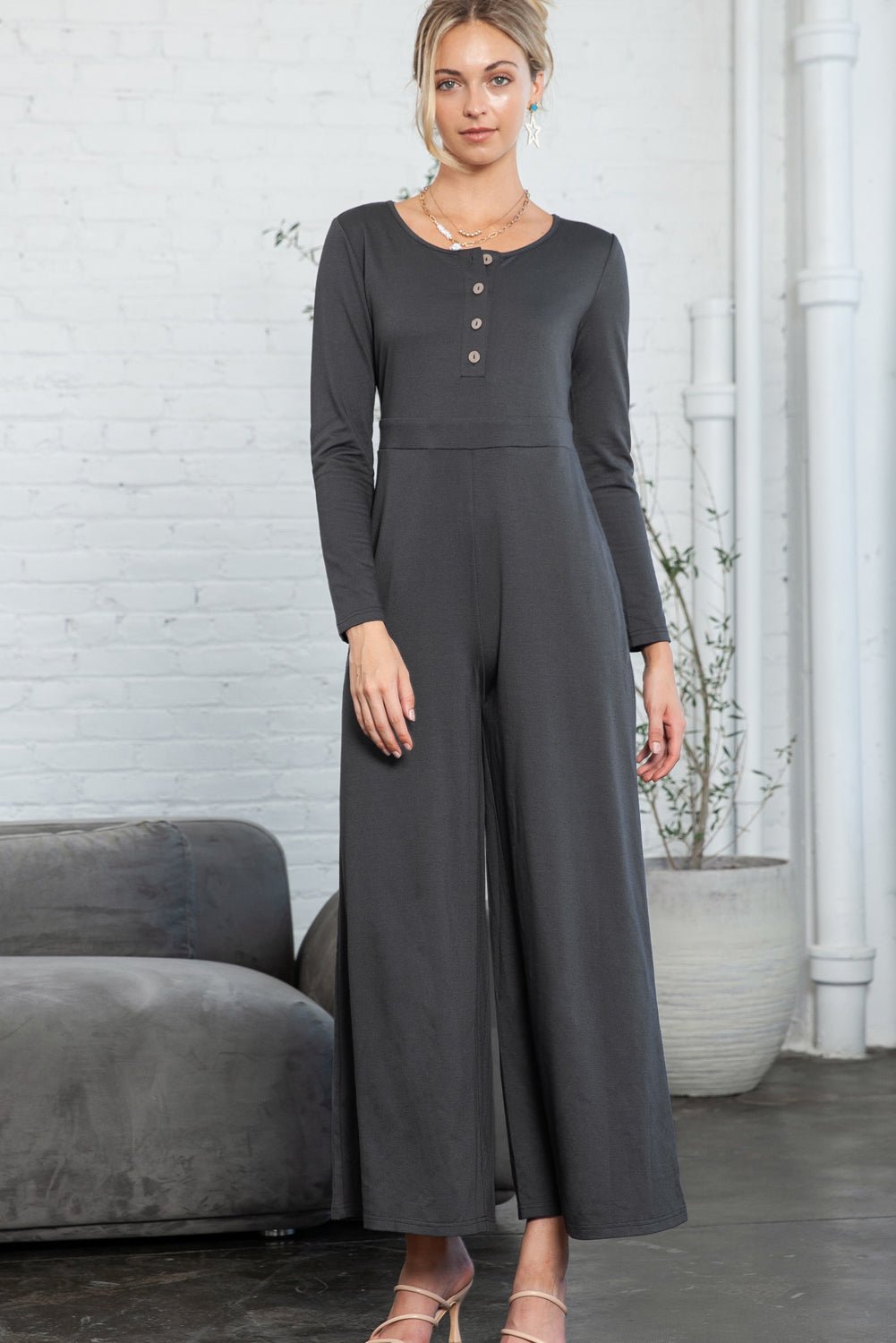 Dark Grey Henley Long Sleeve Wide Leg Jumpsuit with Pockets - MAD RUFFI