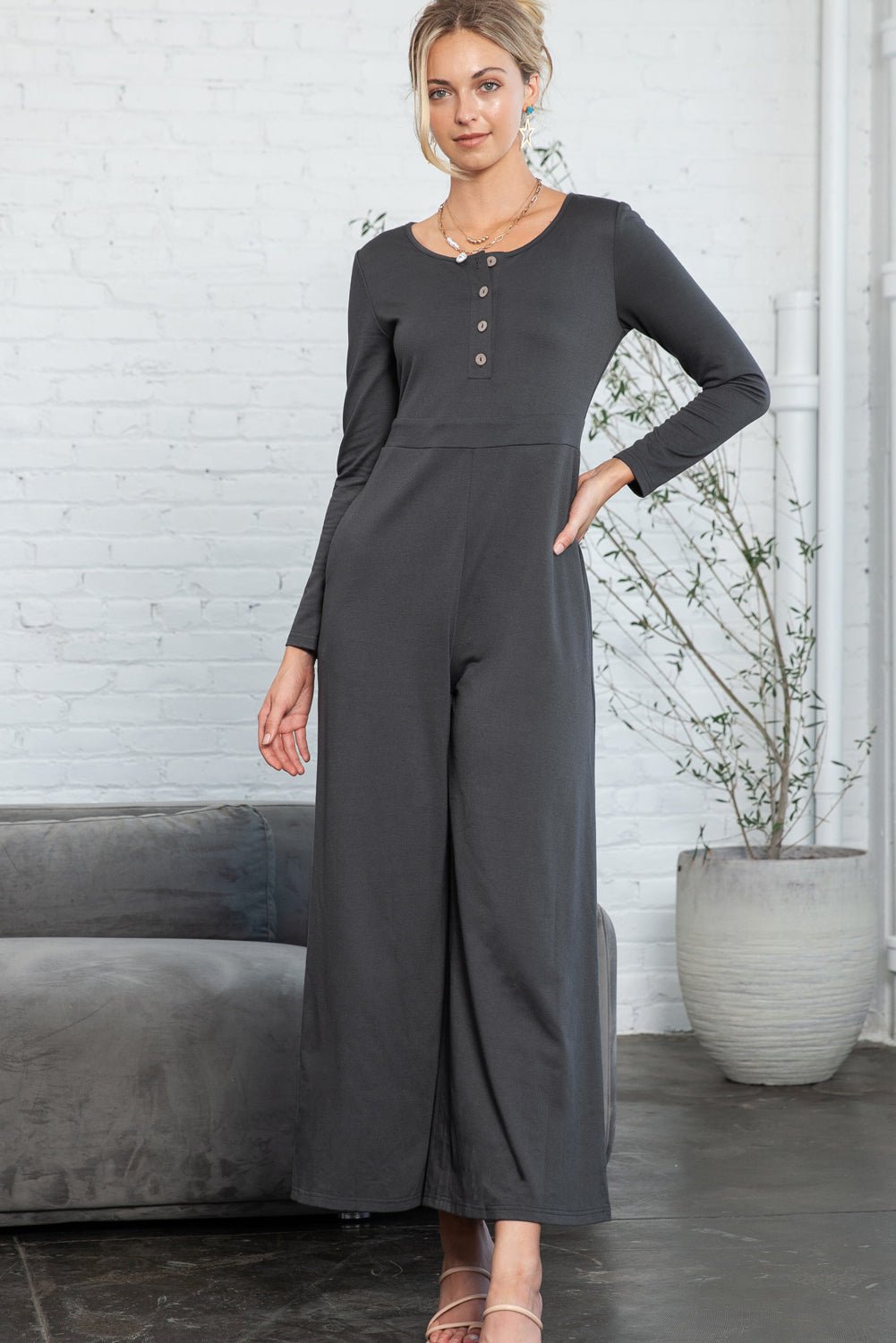 Dark Grey Henley Long Sleeve Wide Leg Jumpsuit with Pockets - MAD RUFFI