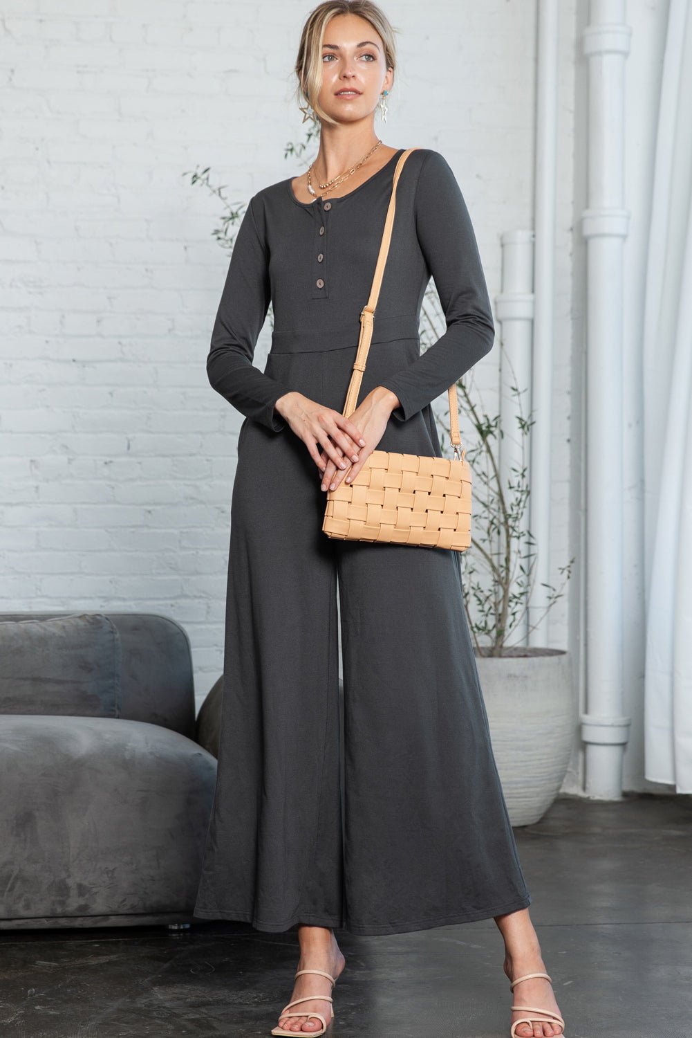 Dark Grey Henley Long Sleeve Wide Leg Jumpsuit with Pockets - MAD RUFFI