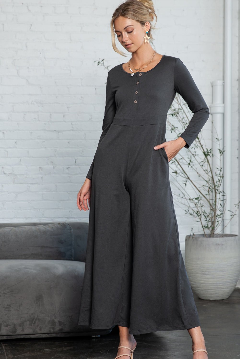 Dark Grey Henley Long Sleeve Wide Leg Jumpsuit with Pockets - MAD RUFFI