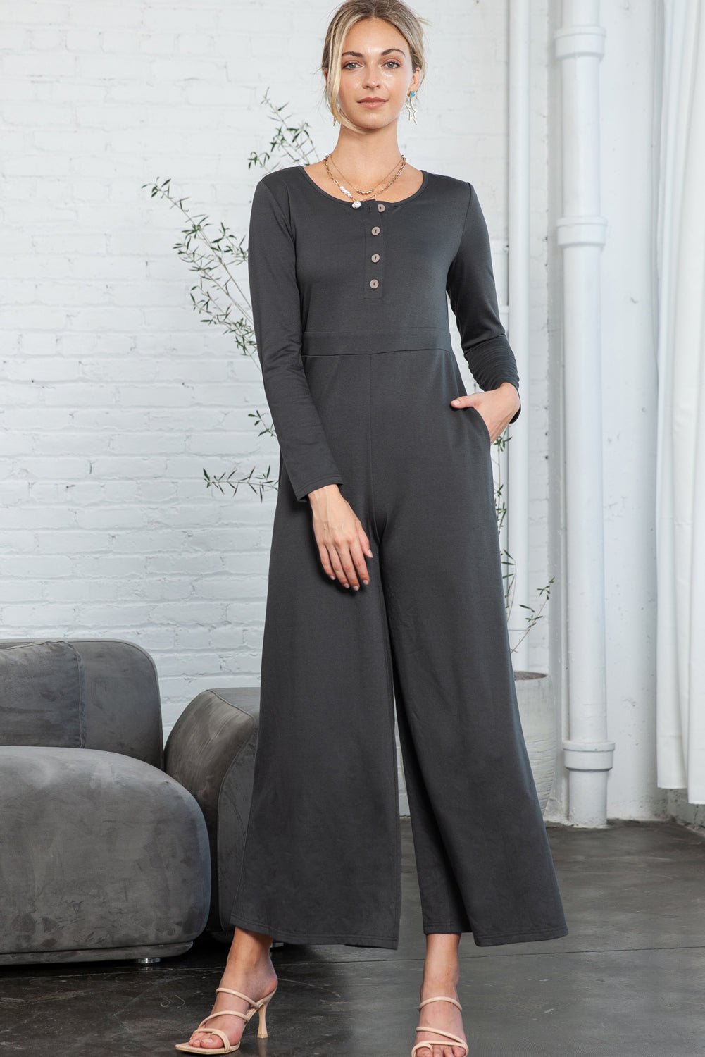 Dark Grey Henley Long Sleeve Wide Leg Jumpsuit with Pockets - MAD RUFFI