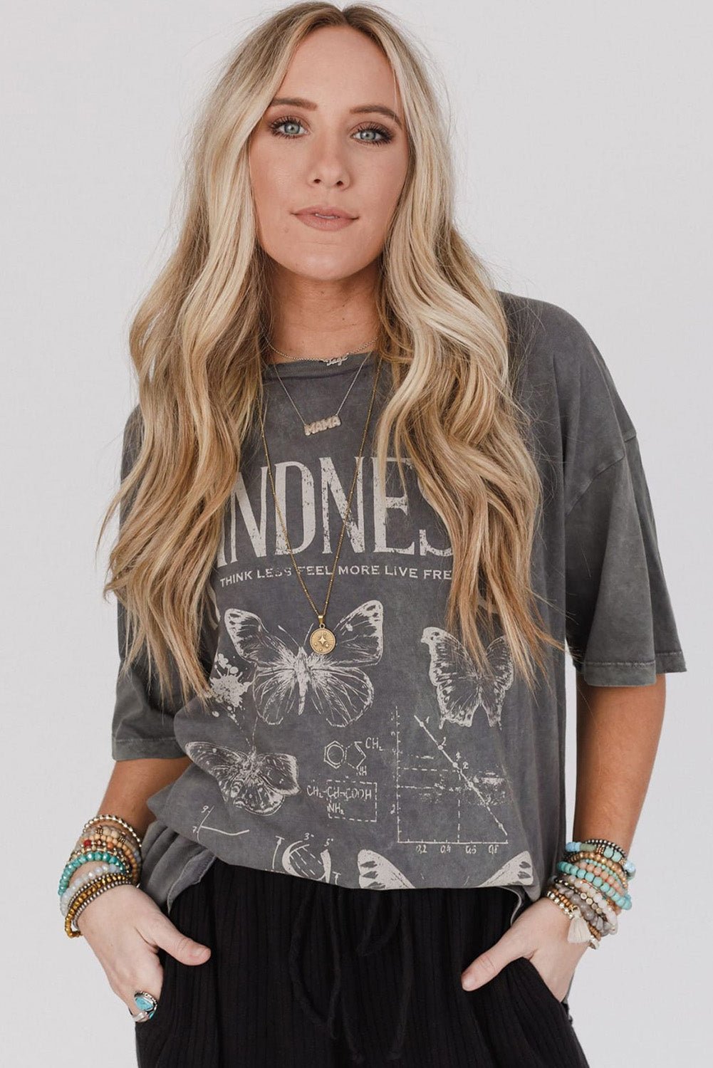 Dark Grey Kindness Butterflies Graphic Mineral Wash Loose Tee - MAD RUFFI