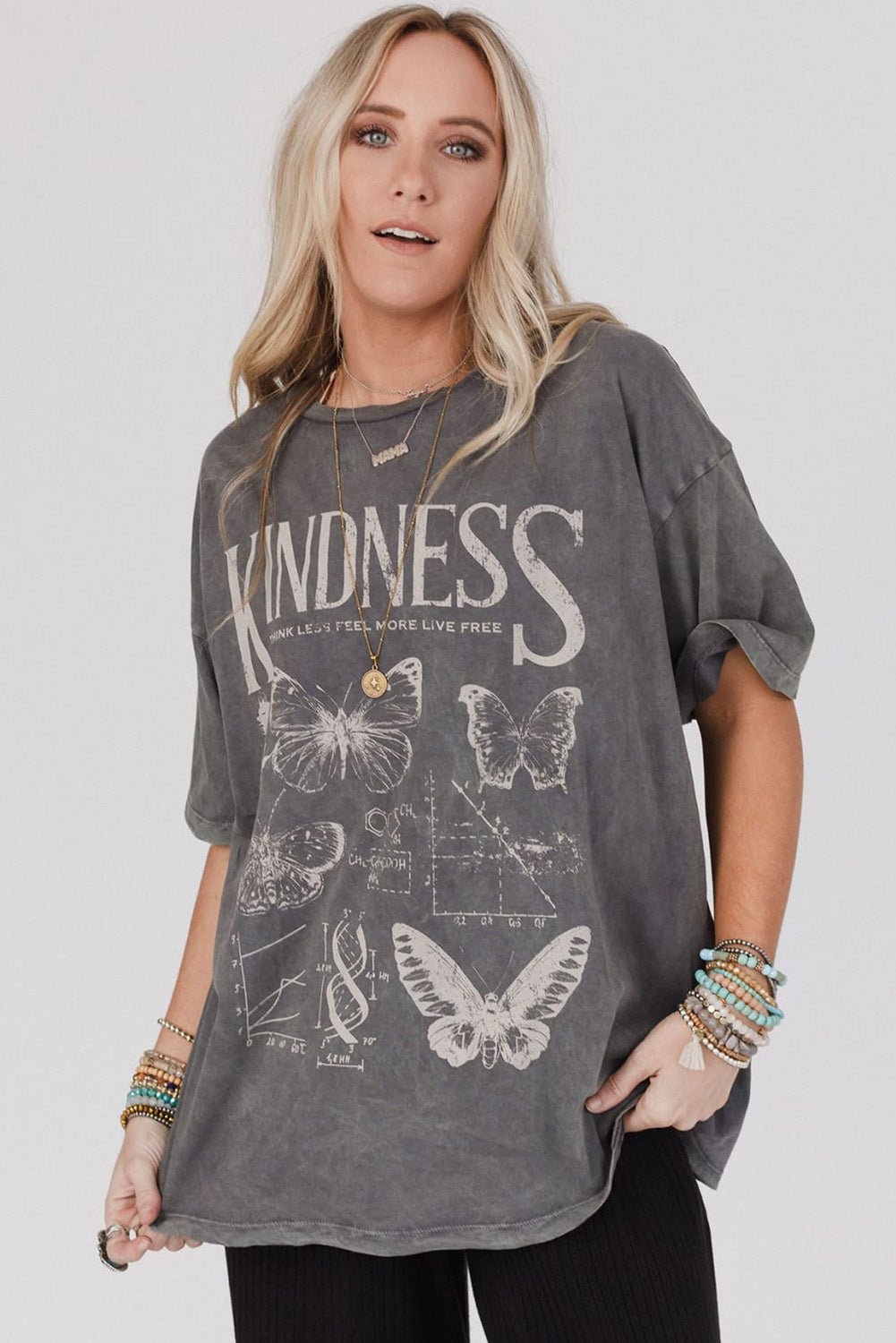 Dark Grey Kindness Butterflies Graphic Mineral Wash Loose Tee - MAD RUFFI