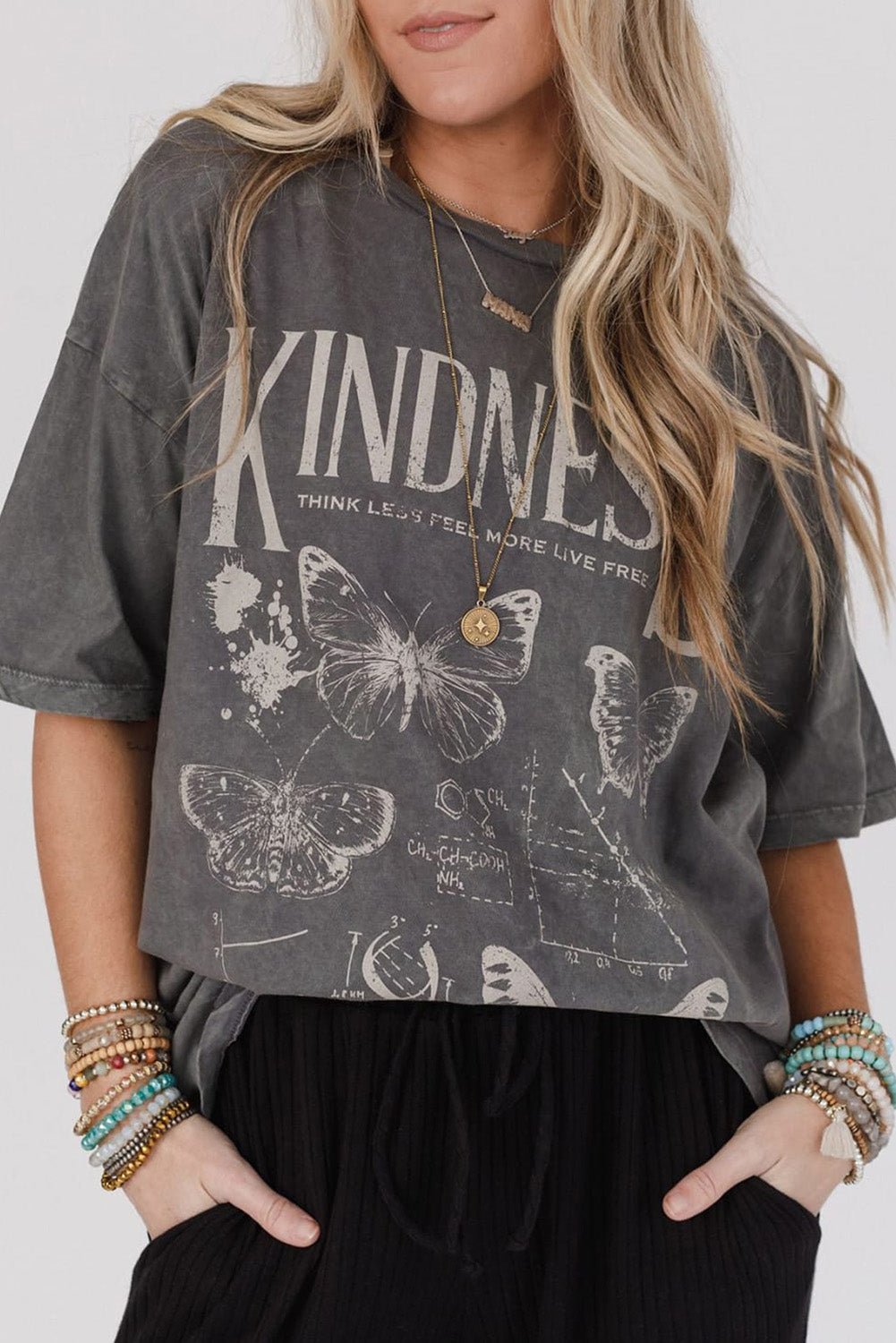 Dark Grey Kindness Butterflies Graphic Mineral Wash Loose Tee - MAD RUFFI