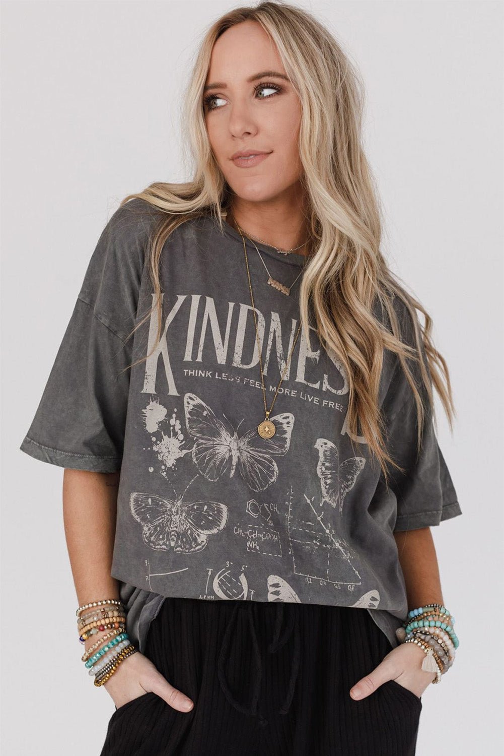 Dark Grey Kindness Butterflies Graphic Mineral Wash Loose Tee - MAD RUFFI