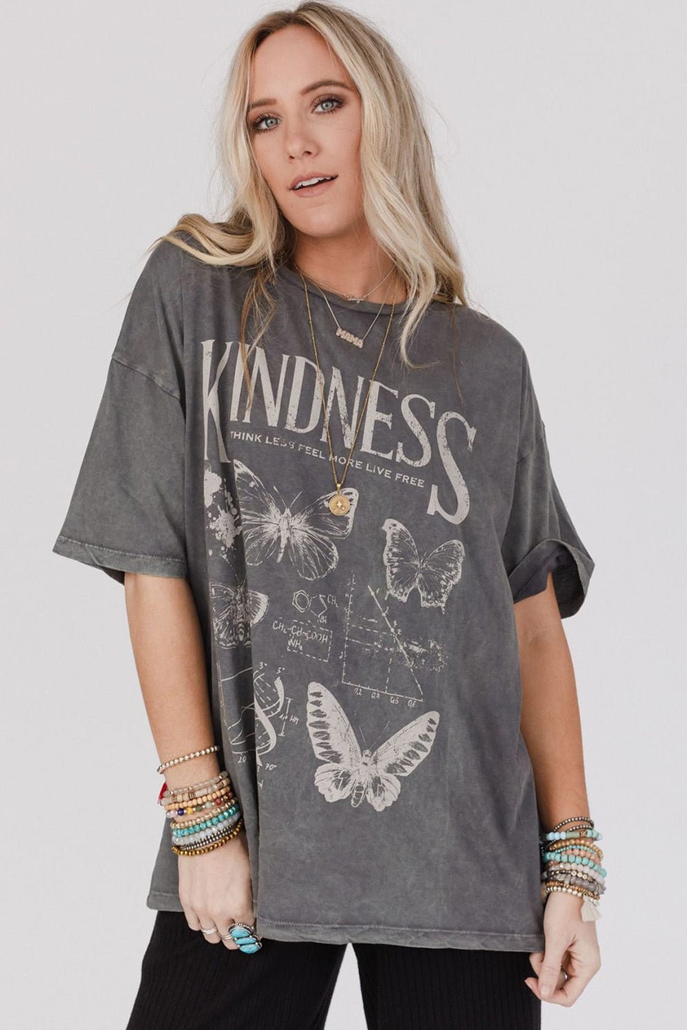 Dark Grey Kindness Butterflies Graphic Mineral Wash Loose Tee - MAD RUFFI