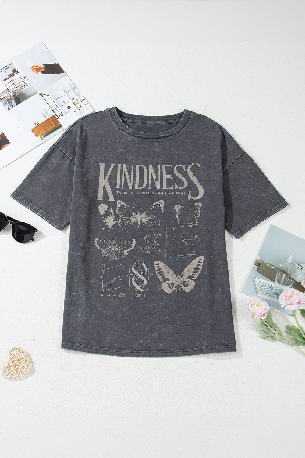Dark Grey Kindness Butterflies Graphic Mineral Wash Loose Tee - MAD RUFFI