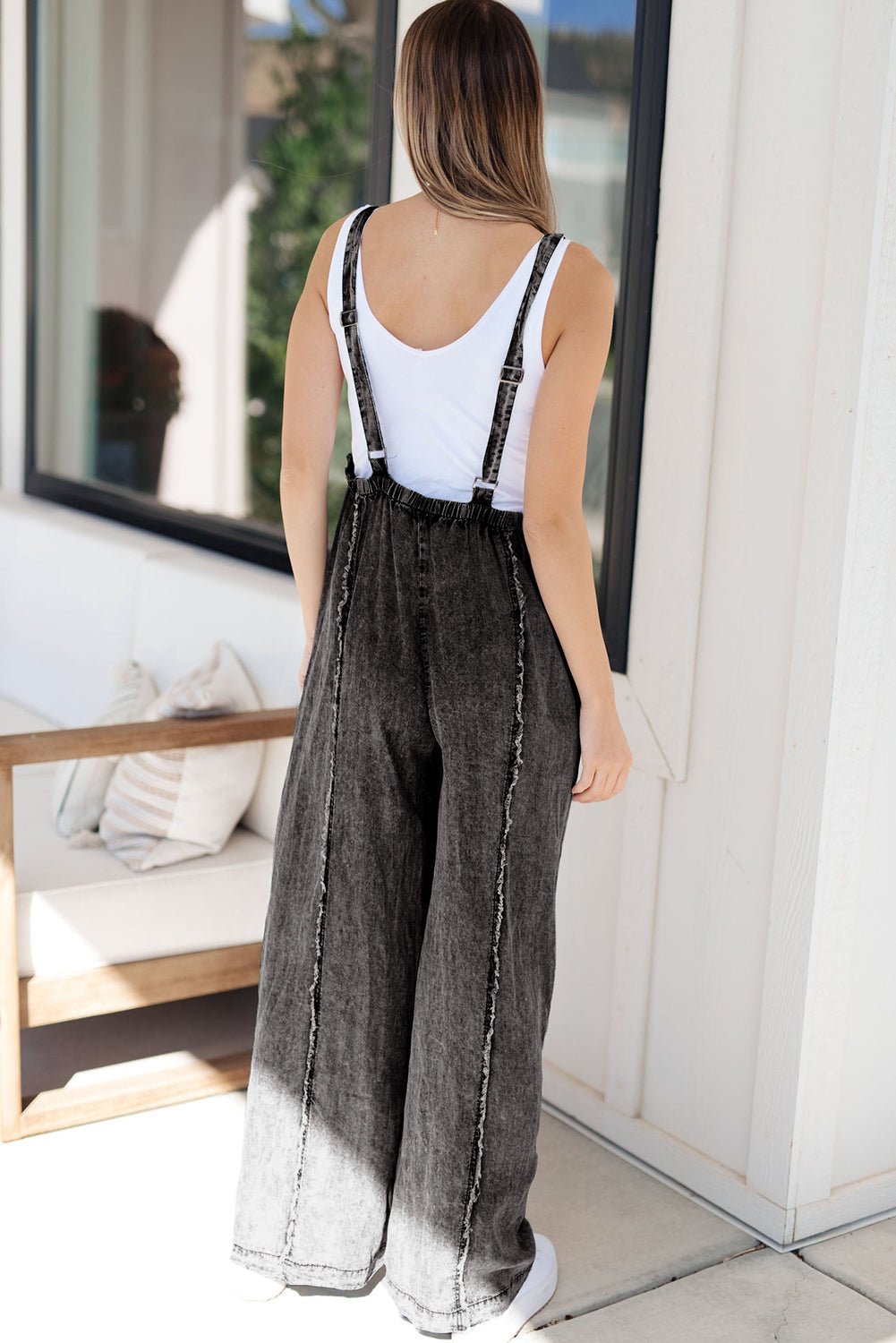 Dark Grey Light Wash Frayed Exposed Seam Wide Leg Denim Overalls - MAD RUFFI