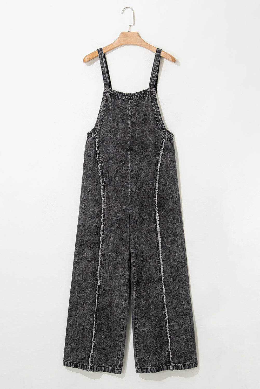 Dark Grey Light Wash Frayed Exposed Seam Wide Leg Denim Overalls - MAD RUFFI