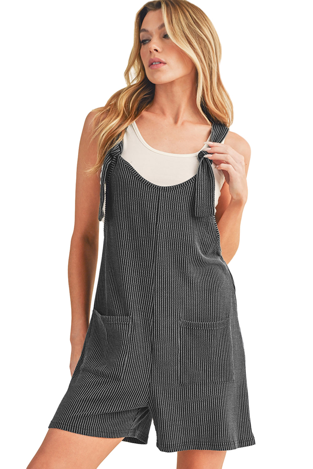 Dark Grey Ribbed Striped Knotted Straps Pocketed Romper - MAD RUFFI