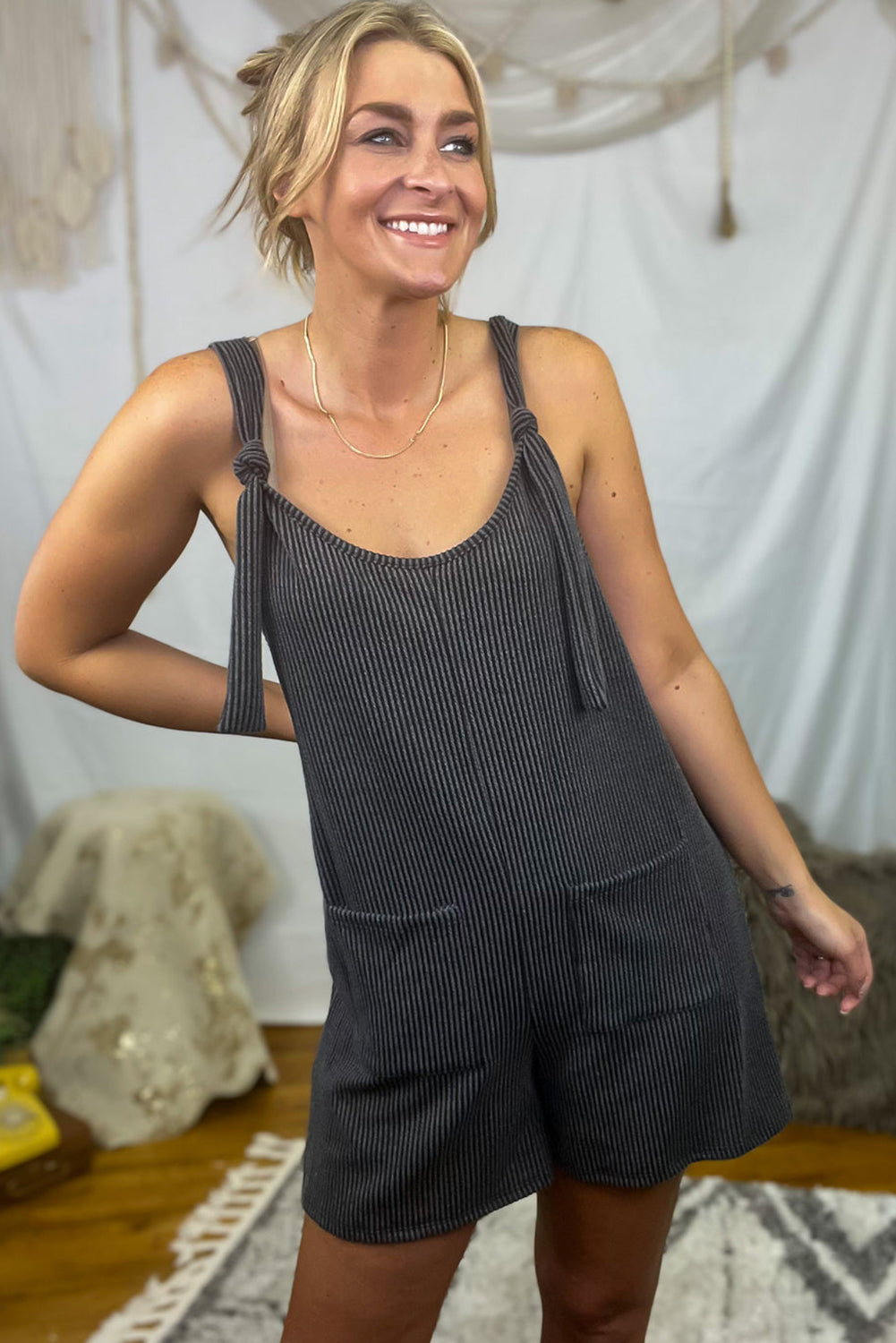 Dark Grey Ribbed Striped Knotted Straps Pocketed Romper - MAD RUFFI