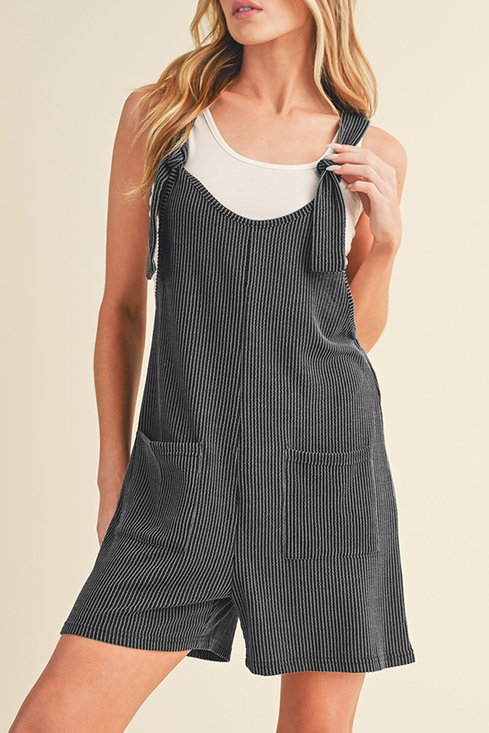 Dark Grey Ribbed Striped Knotted Straps Pocketed Romper - MAD RUFFI