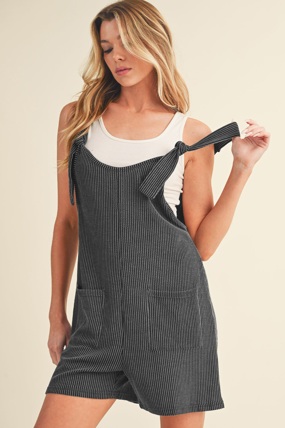 Dark Grey Ribbed Striped Knotted Straps Pocketed Romper - MAD RUFFI